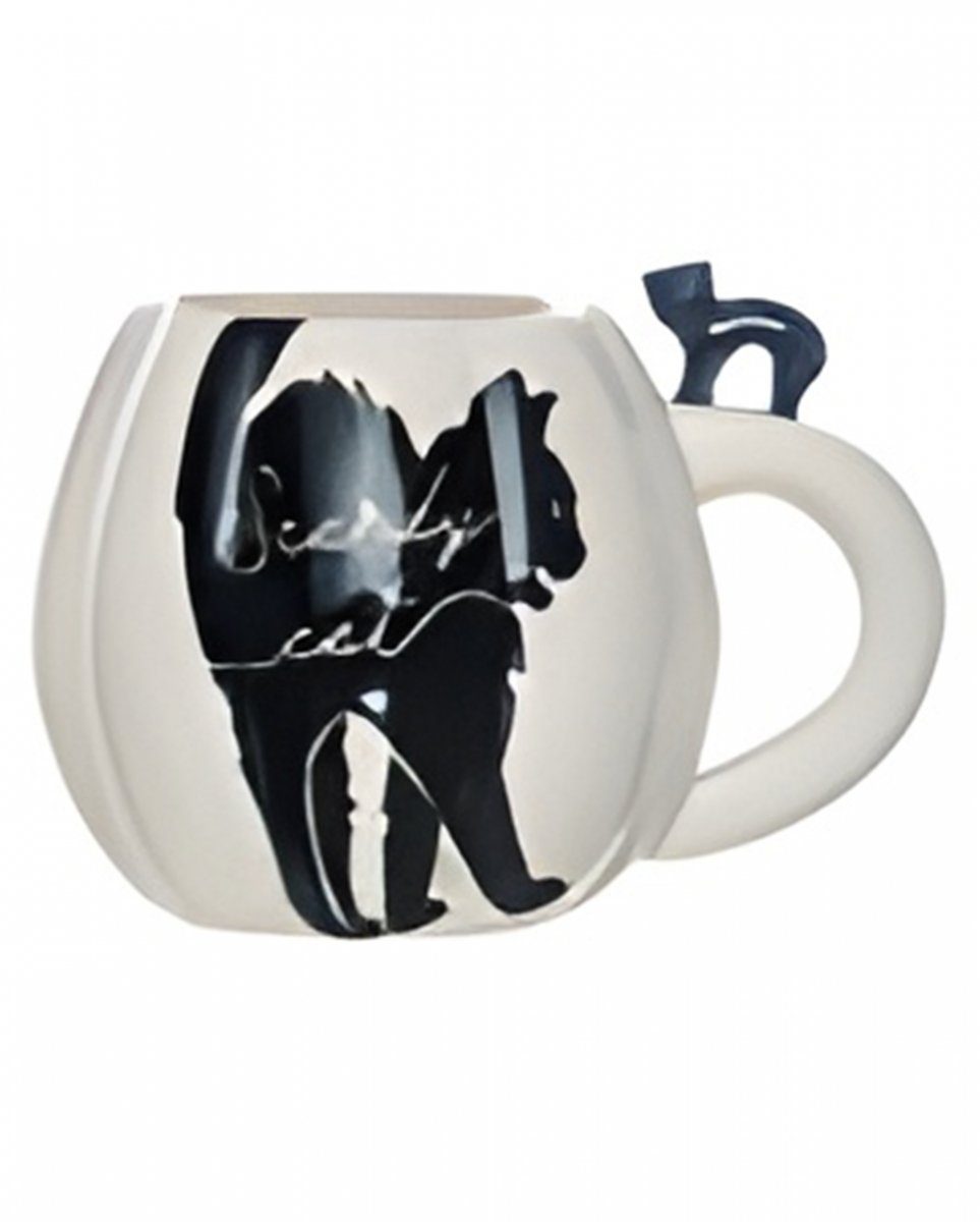 Horror-Shop Geschirr-Set Weiße Halloween Kürbis Tasse mit schwarzer Katze, Keramik