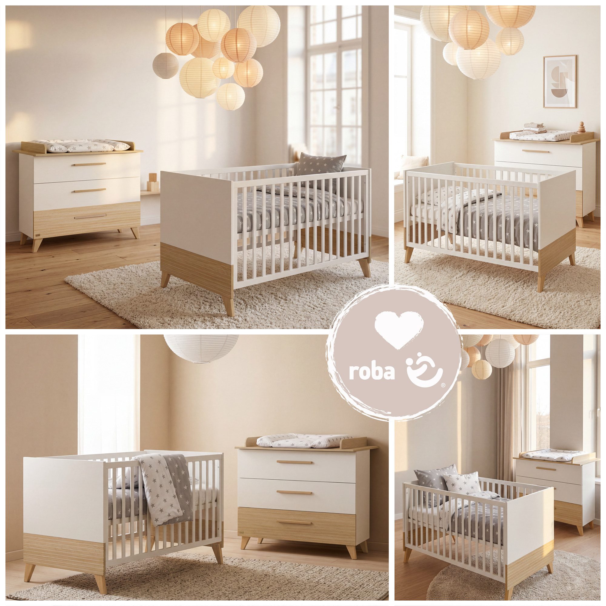 roba® Babymöbel-Set Theo - modernes Kinderzimmer in Weiß & Ulme - Holz, (2-teiliges Set, Babybett 70 x 140 cm & Wickelkommode mit Wickelansatz), Griffe & Füße aus Massivholz - Kinderzimmer Set in Weiß / Ulme