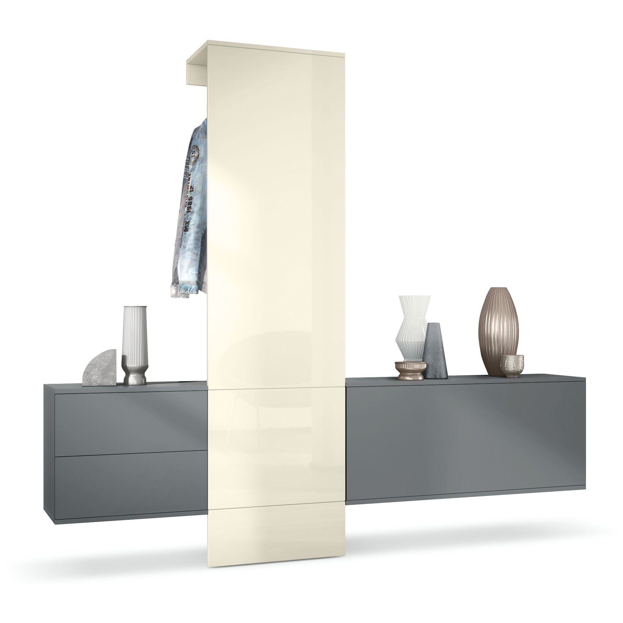 Vladon Шафи-Set Carlton, (Wandgarderobe bestehend aus, 1 Paneel, 1 Schubkastenschrank und 1 Schrankmodul), Anthrazit matt/Creme Hochglanz (209 x 193 x 35 cm)