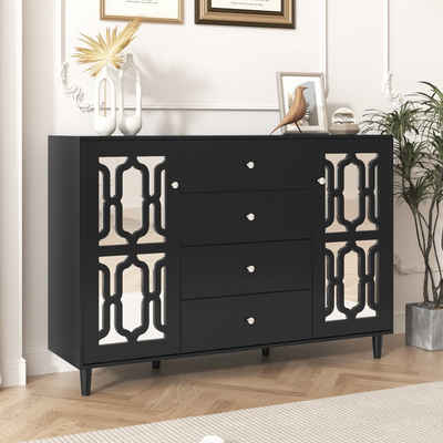 BlingBin Anrichte verspiegelte sideboard mit kühlen Kristallgriffen Breite 147CM Schwarz (Zwei Türen und vier Schubladen), 147 L x 40 B x 102 H(cm)