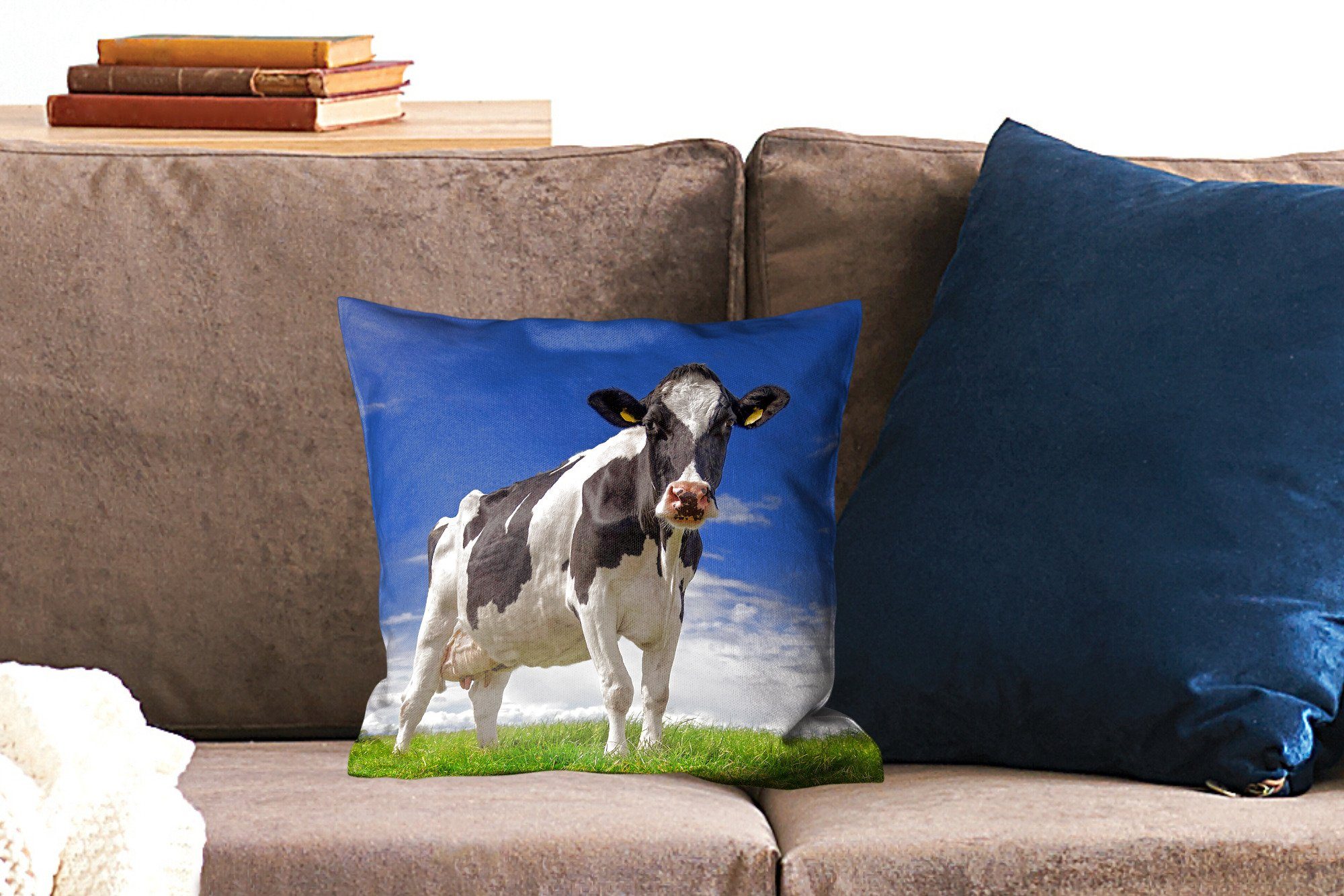 Blau Deko, Tiere, Schlafzimmer, Gras MuchoWow - für Dekokissen Sofakissen - Zierkissen - Füllung Kuh Wohzimmer, mit
