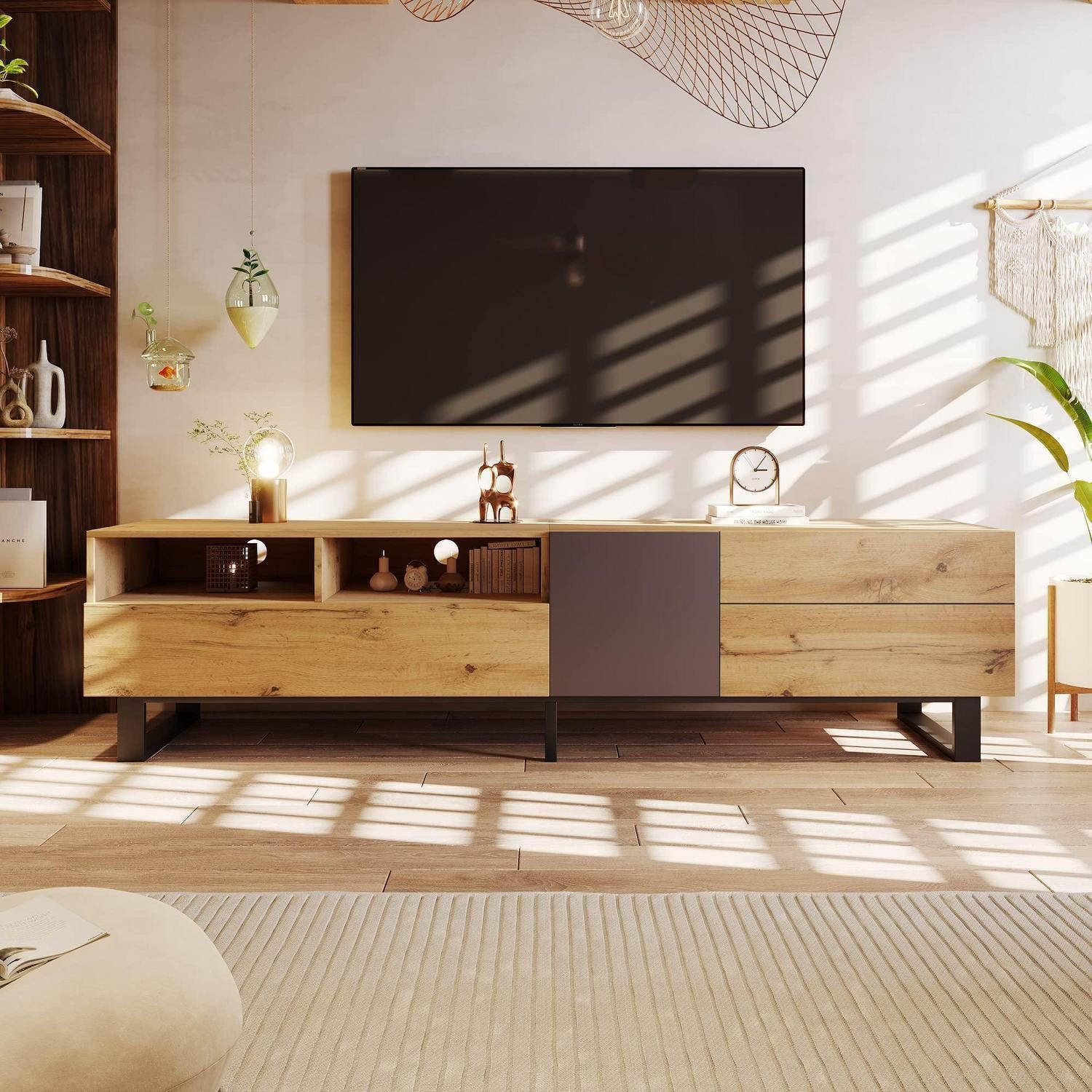 Lowboard Lowboard TV 180 cm 2 Schubladen Schwarz und Holzfarbe(180x33x50cm)