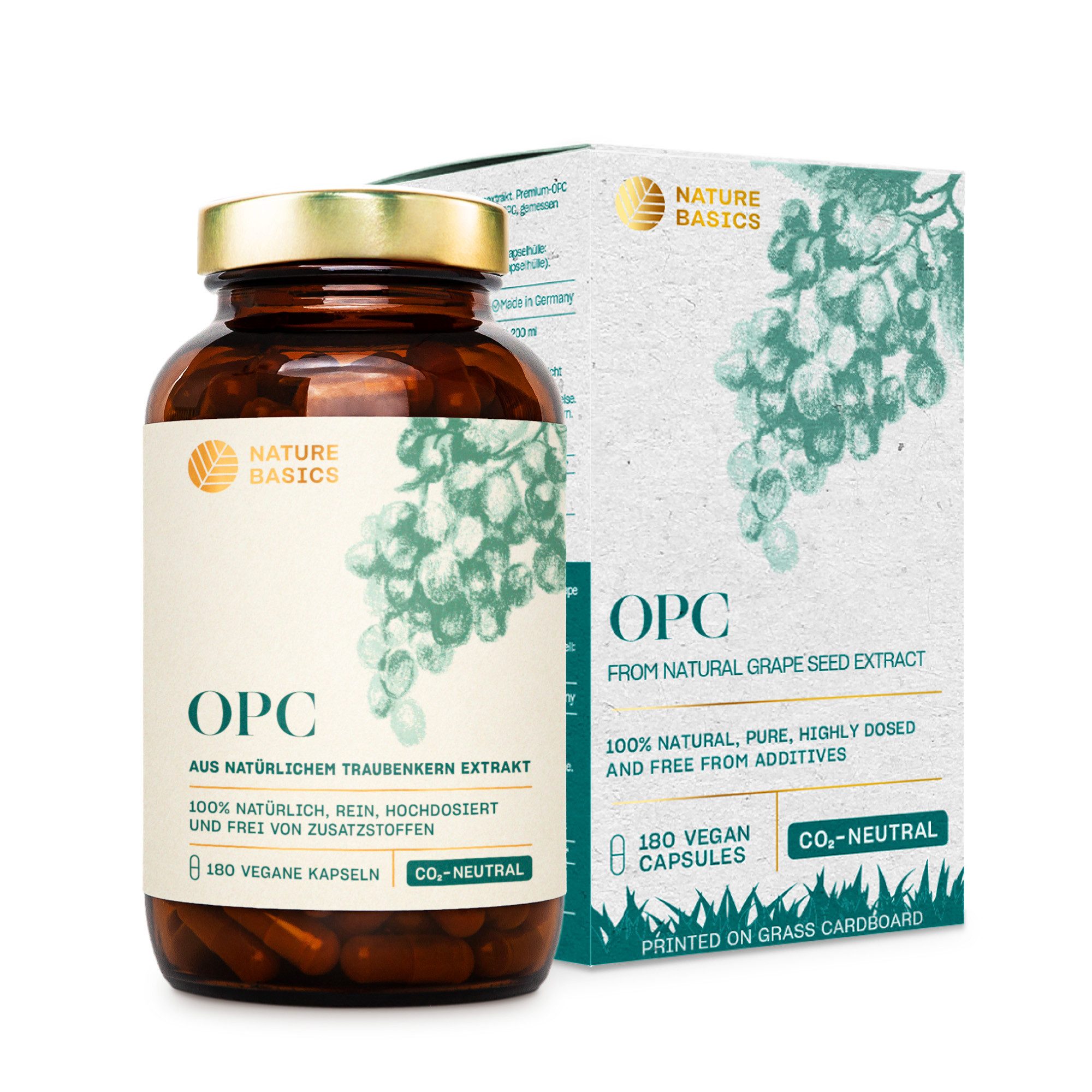 Nature Basics Hochwertiges OPC Traubenkernextrakt Vegan & Nachhaltiges Braunglas 180 Kapseln, 180 St., 107 g