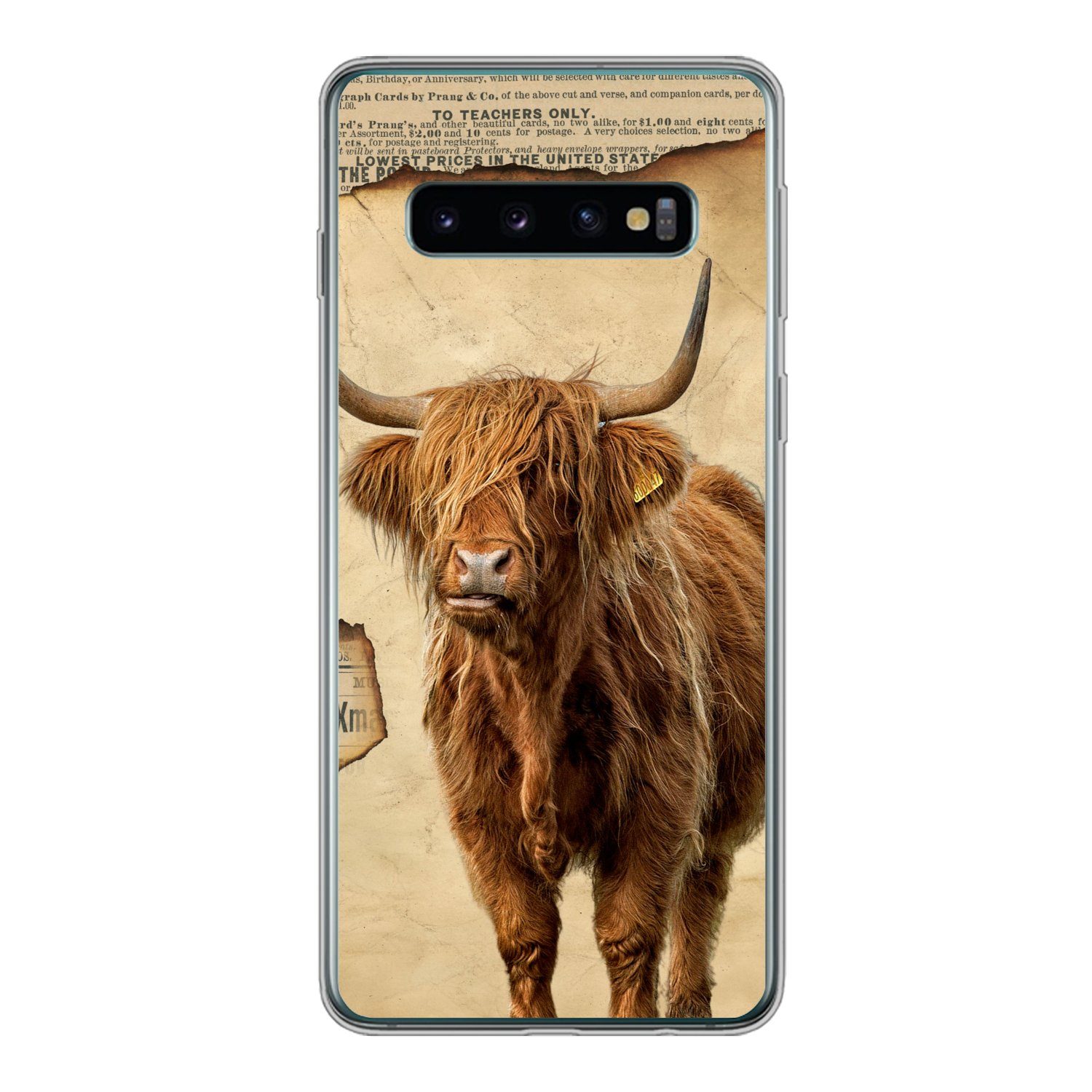 MuchoWow Handyhülle für Samsung Galaxy S10 Schottischer Highlander - Retro - Zeitungsartik, Phone Case, Silikon, Schutzhülle Dünn