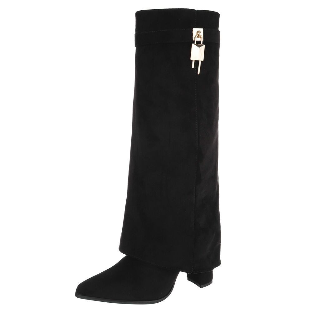 Ital-Design Damen kniehohe Stiefel mit Schloss-Detail und Blockabsatz High-Heel-Stiefel (92125445) Blockabsatz Stiefel in Schwarz
