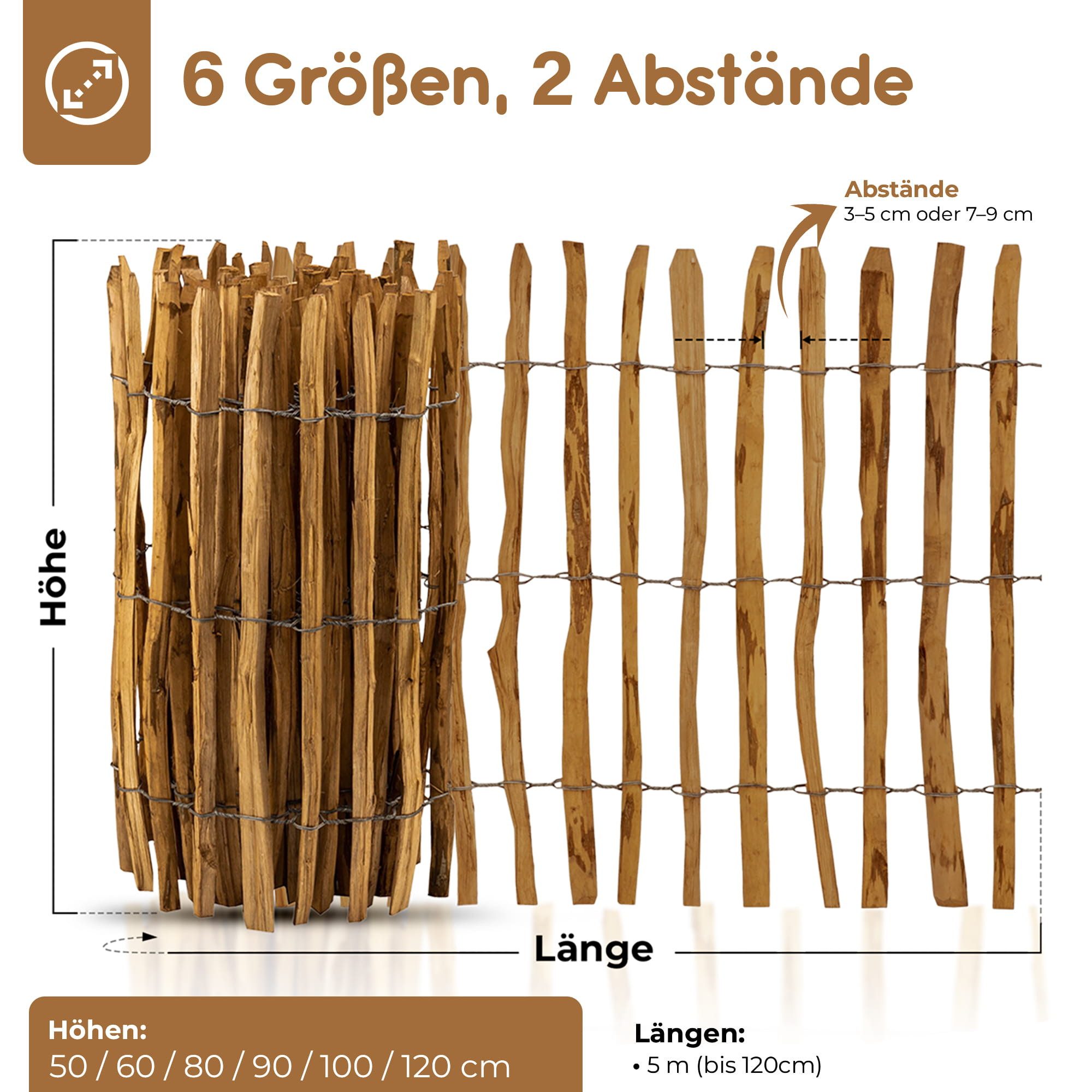 BooGardi Staketenzaun Haselnuss imprägniert, Gartenzaun, Rollzaun, (50 cm hoch Länge 5m · Lattenabstand 7-9cm · 12 Größen), Holzzaun, Teichzaun, Zaun, Garten, Sichtschutz, Jägerzaun