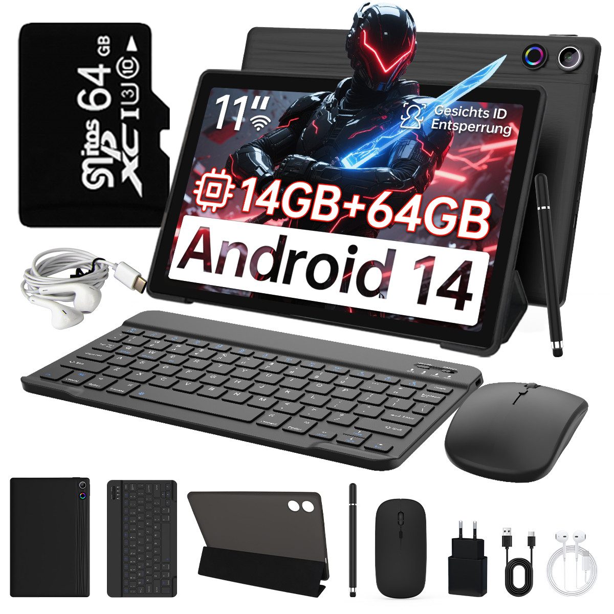 BUFO 11 Zoll 3 GB+64 GB, 6800mAh, WiFi 6, mit Maus Tastatur Stift Hülle Set Tablet (11", 64 GB, Android, AIC8800D80 802.11 a/b/g/n/ax/ac (WiFi 6) + BT5.3, Android 14, Duale Kamera, 1280x800 IPS HD, WiFi 6, Bluetooth 5.3)