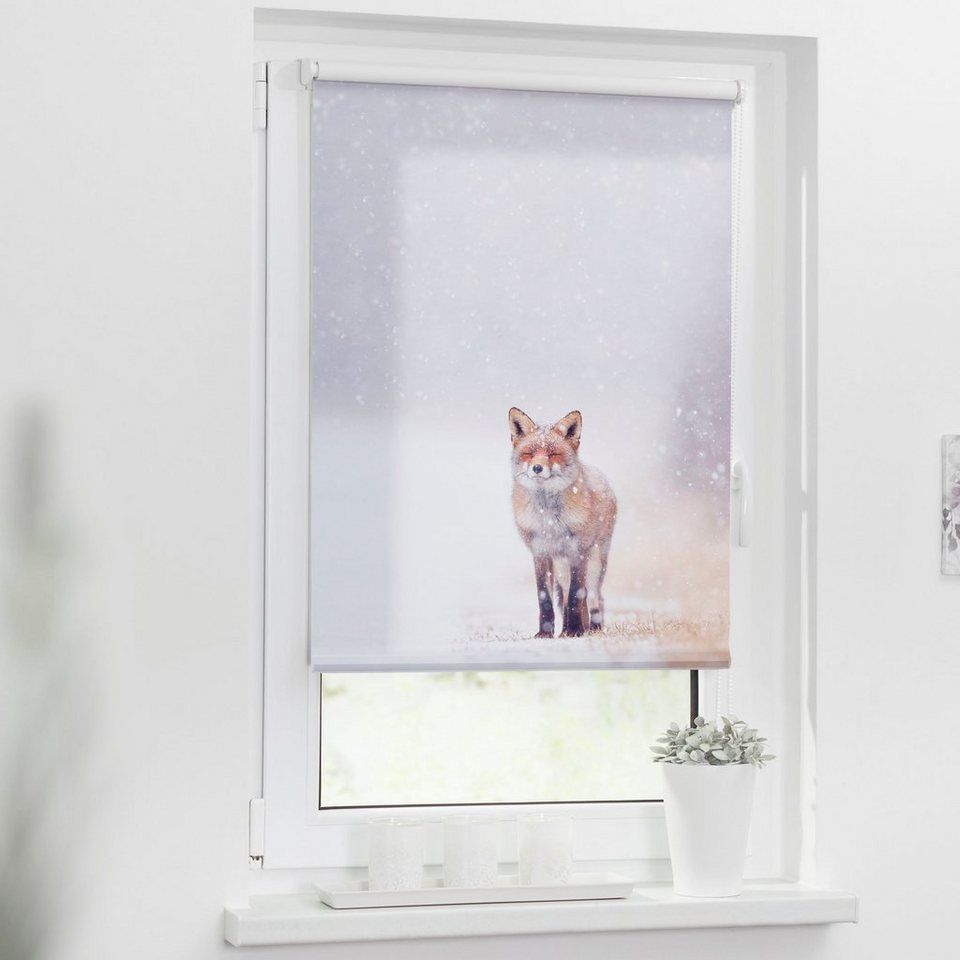 Seitenzugrollo Klemmfix Motiv Fuchs im Schnee, LICHTBLICK ORIGINAL,  Lichtschutz, ohne Bohren, freihängend, Klemmfix, bedruckt