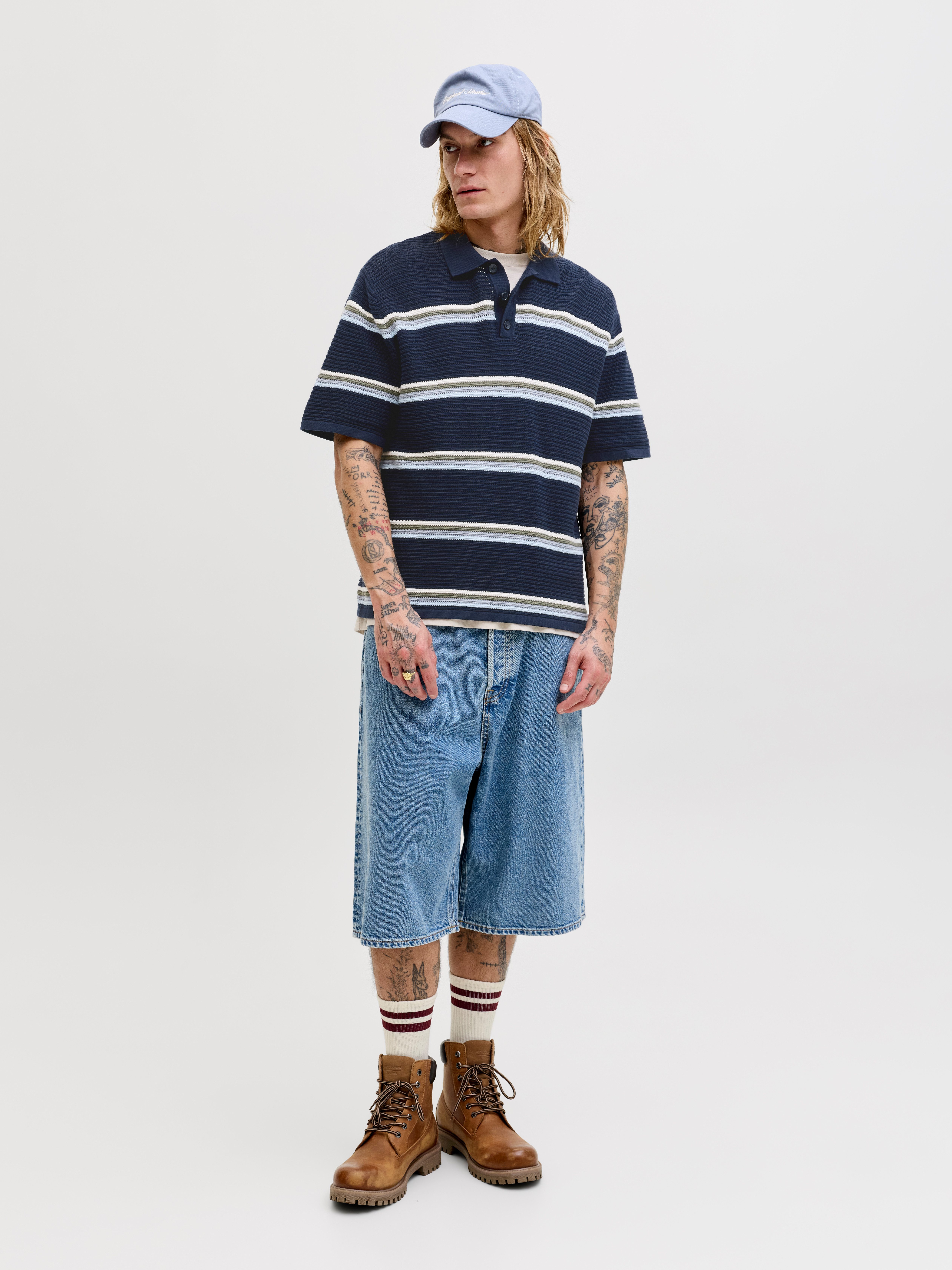 Jack & Jones Polokragenpullover JORMAINE KNIT STRIPE POLO SN Baumwolle, relaxed fit