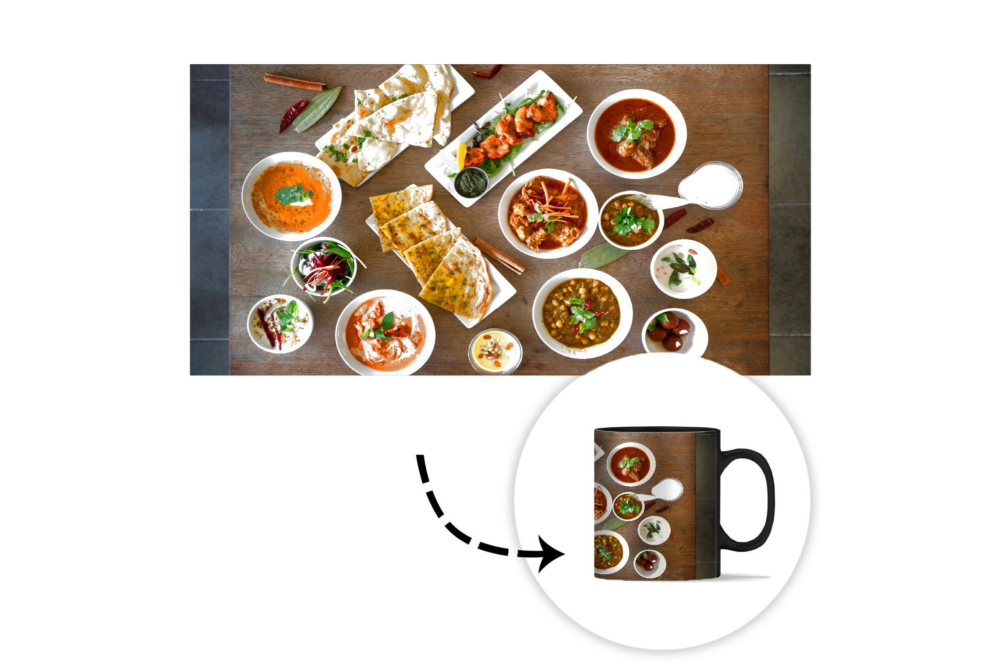Zaubertasse, Geschenk Teller Schüsseln und Kaffeetassen, Essen Tasse Holztisch, auf indischem mit Weiße Farbwechsel, einem Keramik, MuchoWow Teetasse,