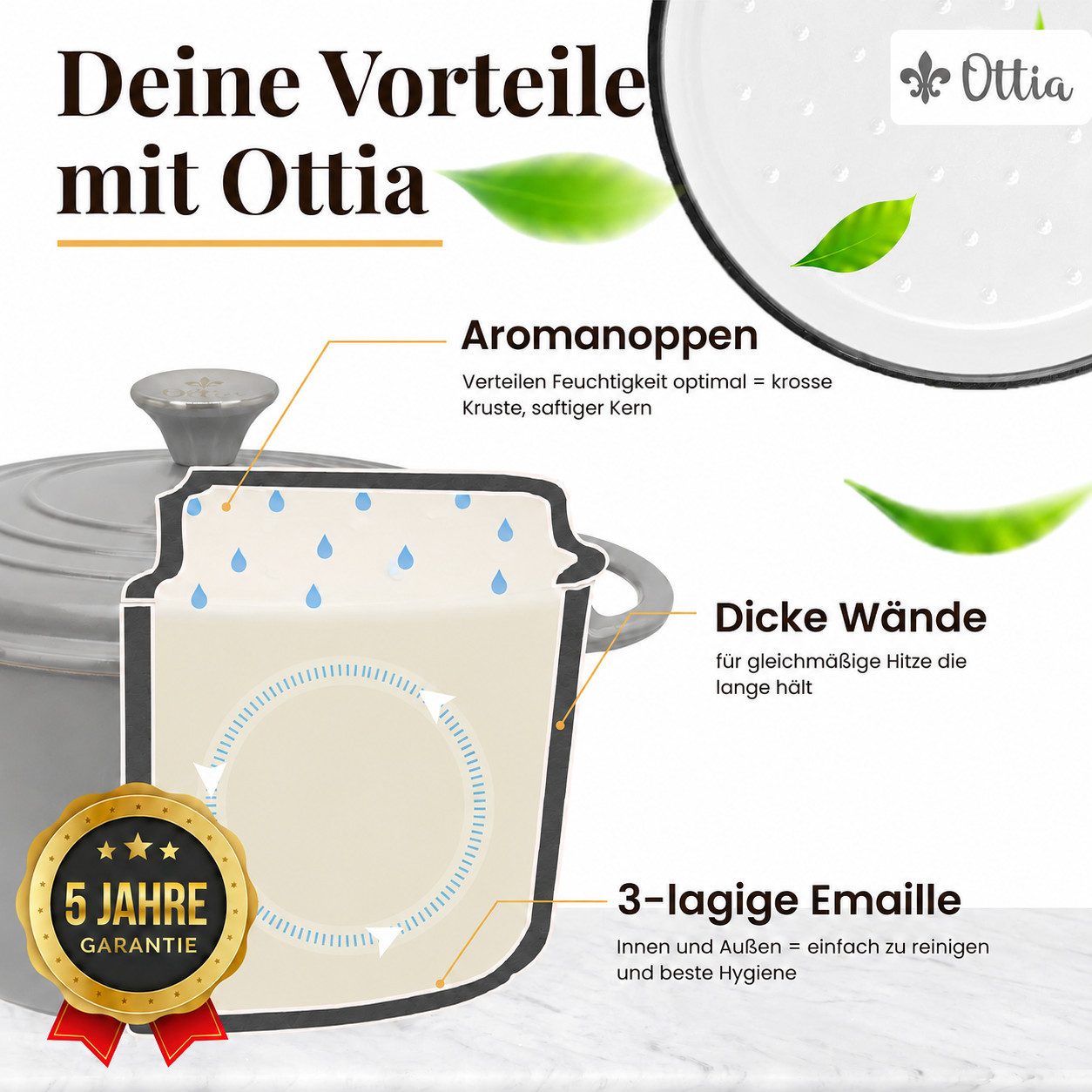 Ottia Schmortopf Gusseisen Topf lc, 26cm groß, 5L, Bräter, Brotbacktopf mit E-Book., Gusseisen, 3-fach Emaille, Händler aus Hamburg