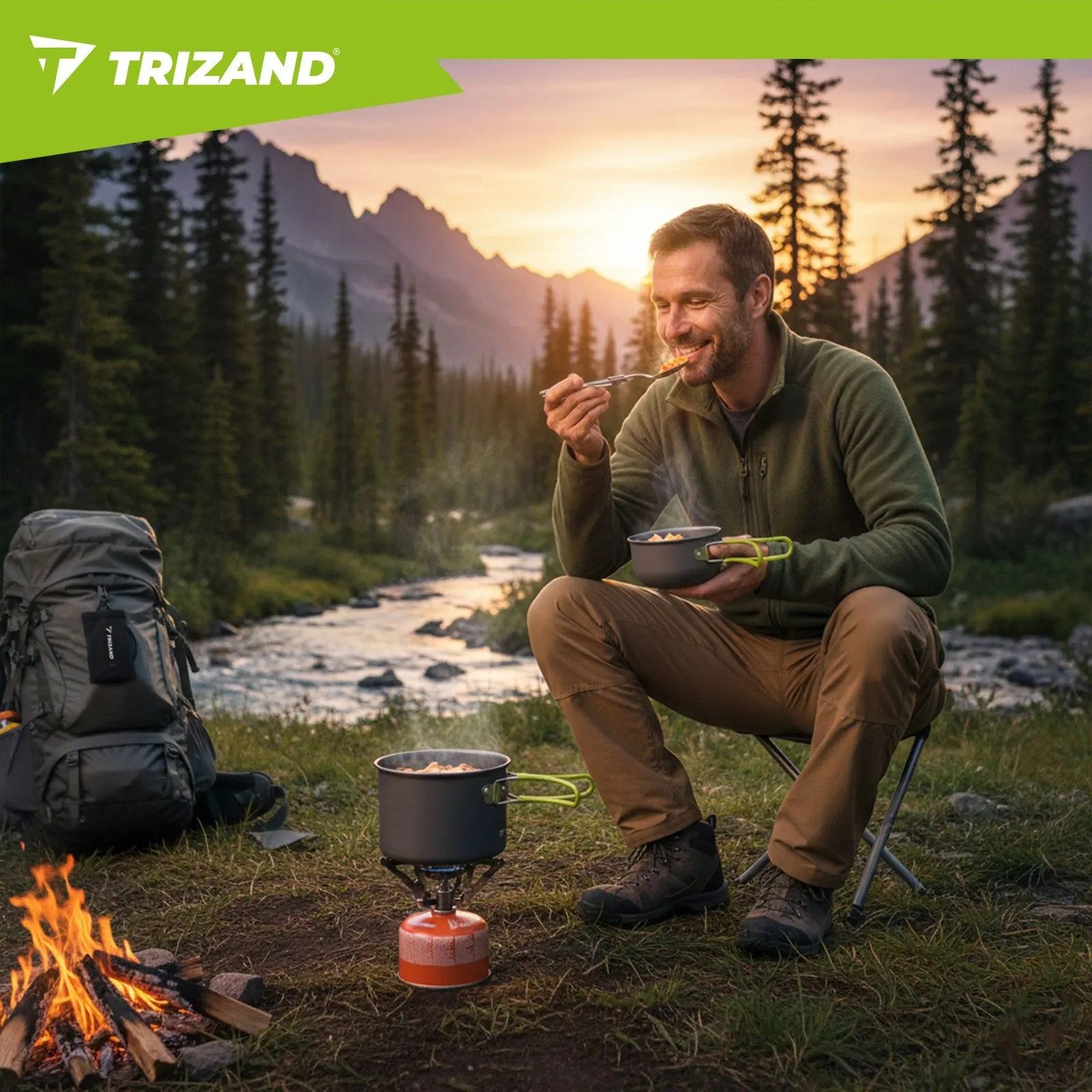 Trizand Geschirr-Set Camping Kochset 1,2L Aluminium faltbar Outdoor Trekking Geschirr (6-tlg), 2 Personen, Edelstahl, faltbare Griffe leichtes Aluminium kompakt mit Klappbesteck