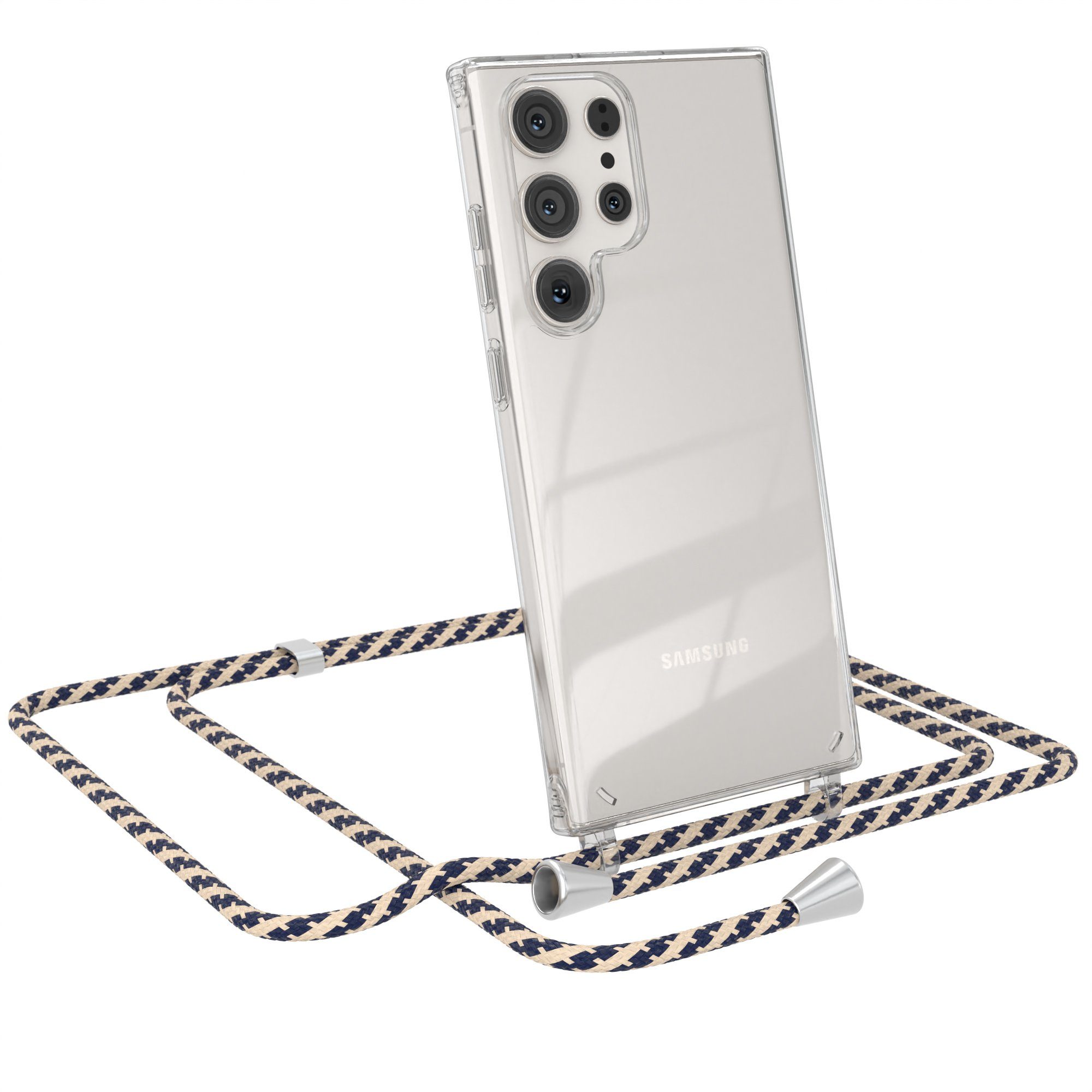 EAZY CASE Handykette Hülle mit Kette für Samsung Galaxy S23 Ultra 6,8 Zoll, Slimcover Handykette Hülle mit Schnur Handykordel Taupe Camouflage