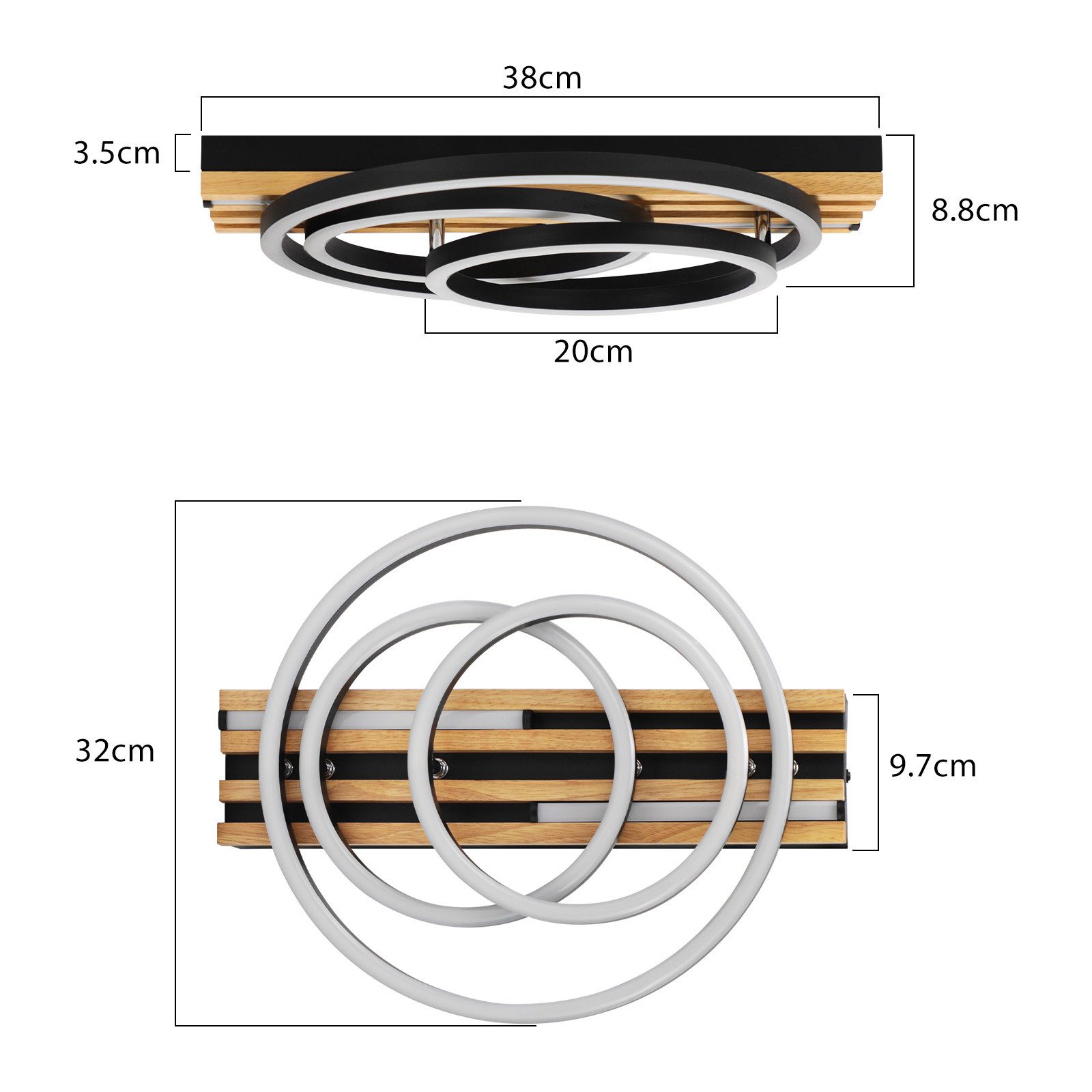Nettlife LED Deckenleuchte Dimmbar Holz 2/3/4 Ringe Modern Deckenlampe Wohnzimmer, LED fest integriert, 44W 38*32*8.8CM für Schlafzimmer Büro Küche – Bild 3 von 5