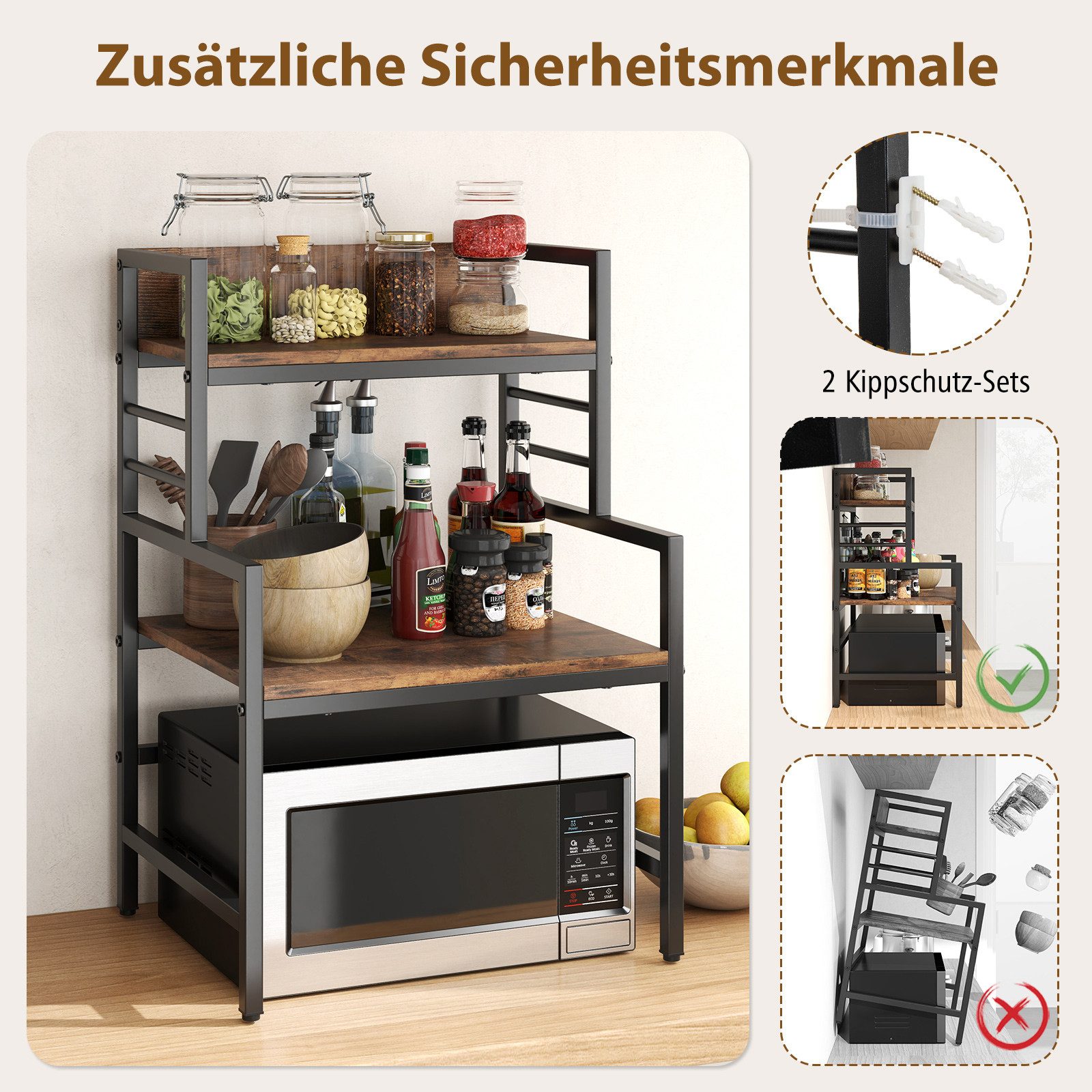 COSTWAY Küchenregal 3 Stufiges Mikrowellenregal stehend, mit 2 Ablagen – Bild 4 von 5