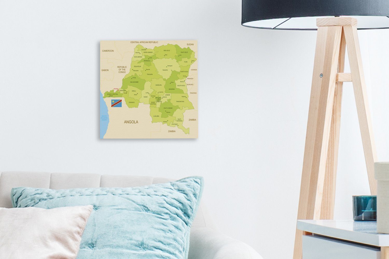 OneMillionCanvasses® Leinwandbild Illustration grünen Karte, einer St), Kongo-Kinshasa von für Wohnzimmer auf Schlafzimmer Bilder (1 Leinwand