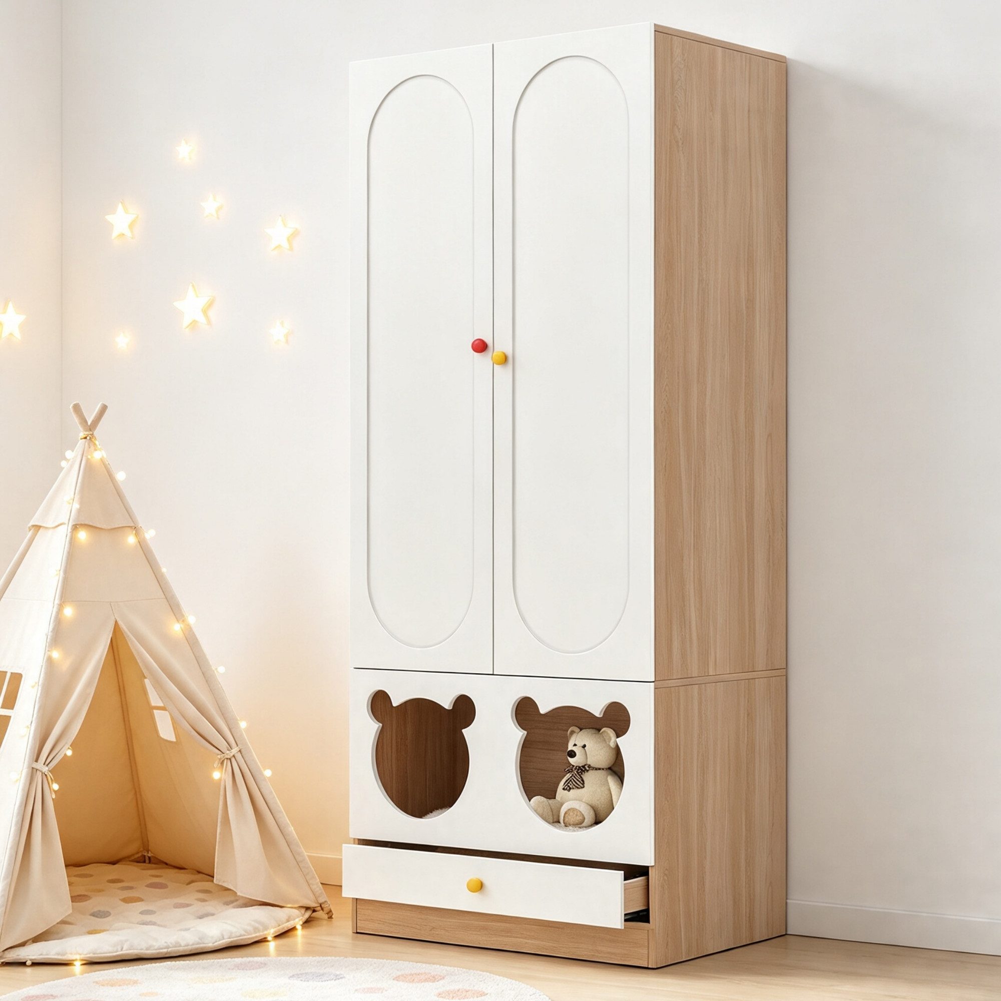 KEFEYA Kinderkleiderschrank 2-türiger Kleiderschrank (mit Kleiderstange & Schubladen, Bären-Design in Weiß-Holz, für Kinderzimmer & Jugendzimmer, ideal für Kinder, 1-St., 80 × 50 × 200 cm)