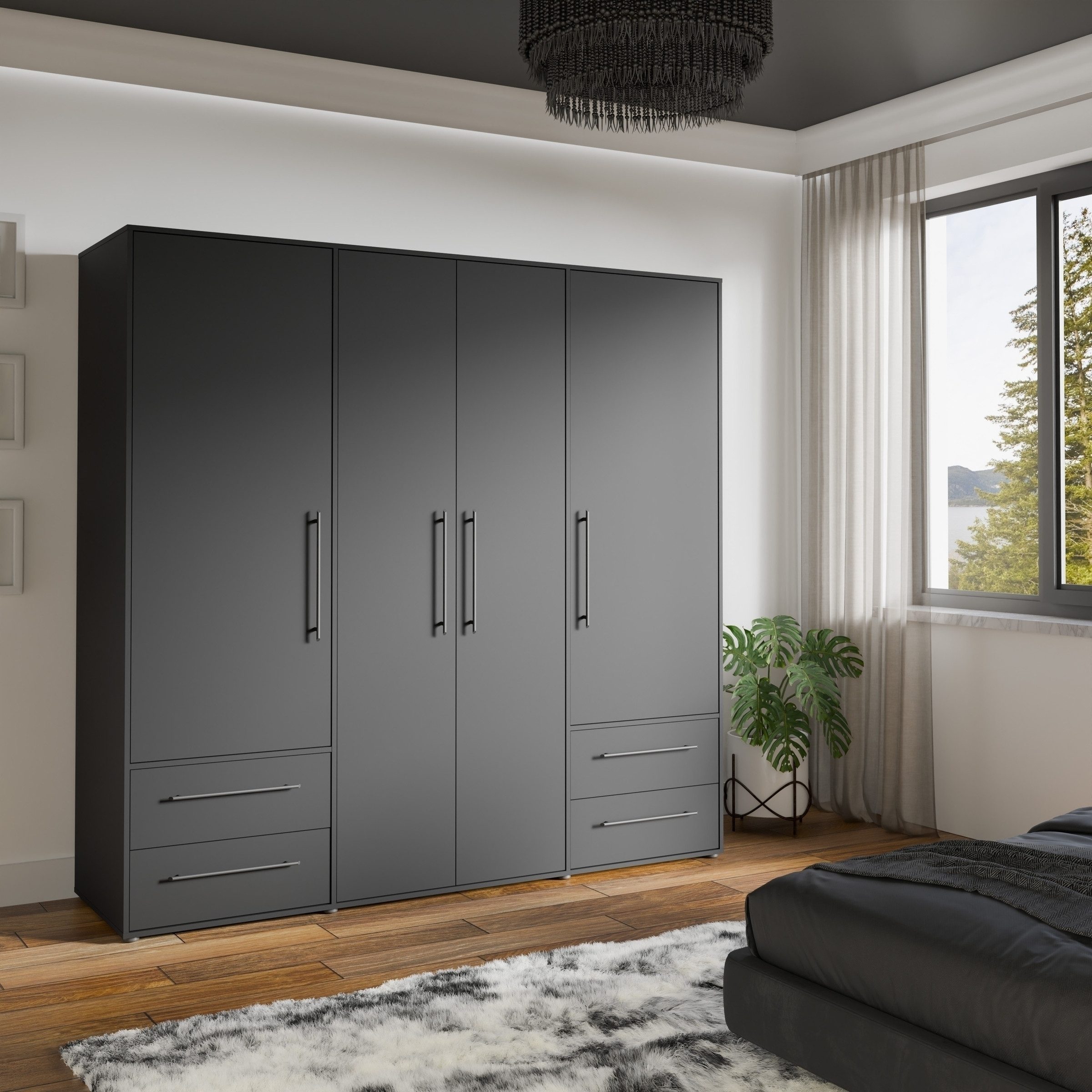 PREISBRECHER Drehtürenschrank MOKKARIS 4 Schübe, 4 Türen, in Schwarz - 205,9x200,1x58,8cm (BxHxT)