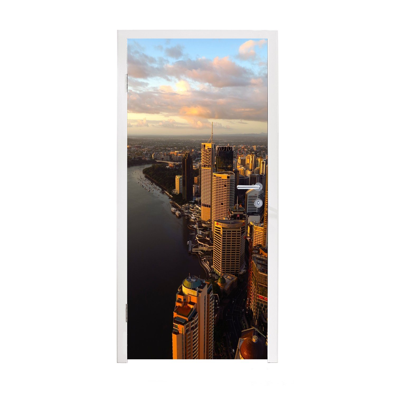 MuchoWow Türtapete Die ersten Sonnenstrahlen scheinen über dem Brisbane River und der, Matt, bedruckt, (1 St), Fototapete für Tür, Türaufkleber, 75x205 cm