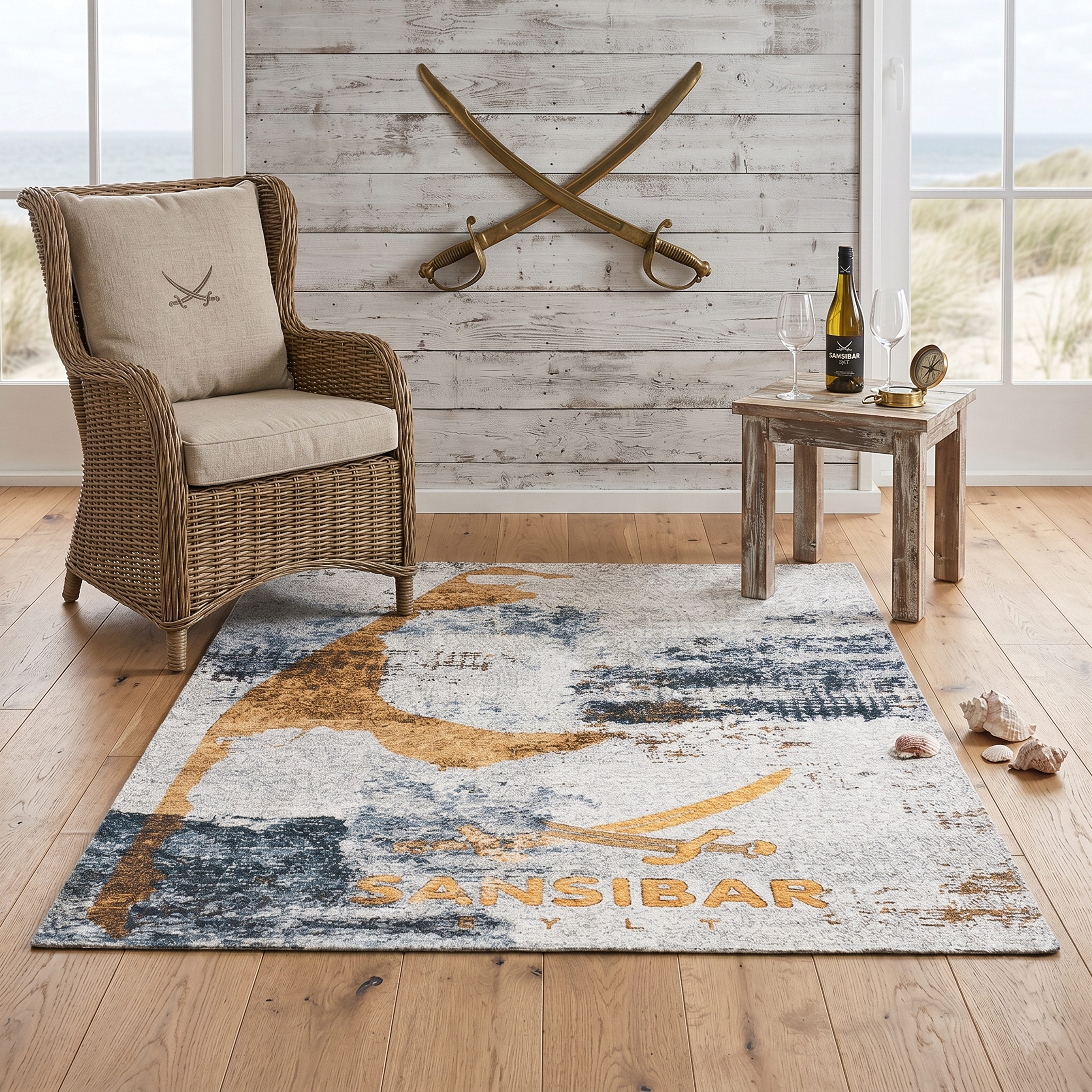 Sansibar Teppich Keitum 012, rechteckig, Höhe: 3 mm, Flachgewebe, modernes Design, Motiv Sylt & gekreuzte Säbel