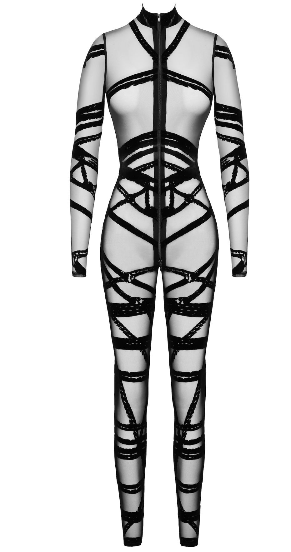 Noir Handmade Overall Damen Wetlook Overall schwarz mit Netz und Ausschnitt transparent offe