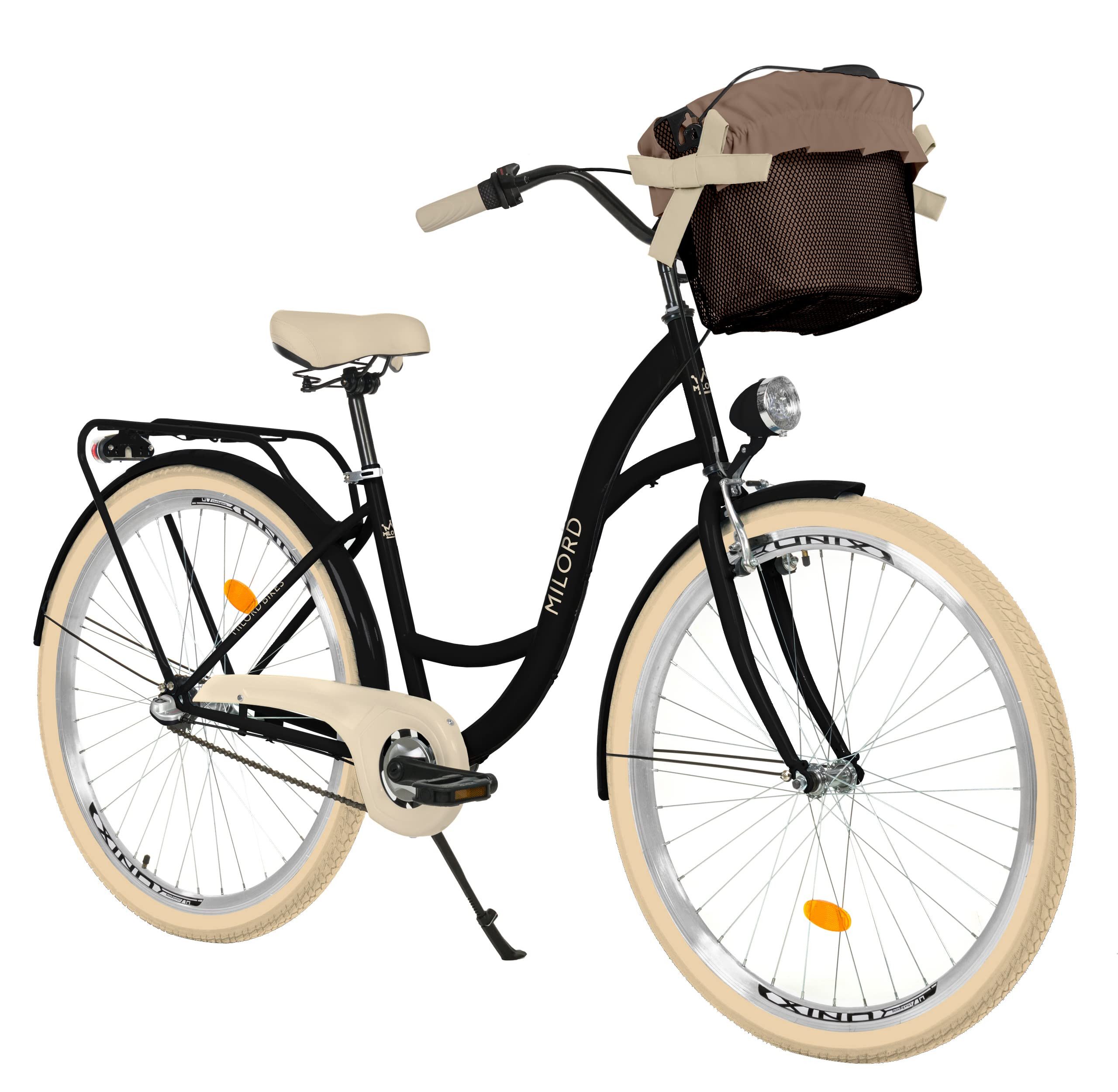 Milord Cityrad Milord City Fahrrad Korb Damen, 28/26 Zoll, Schwarz-Creme, 3-Gang, 3 Gang, (Fahrradständer, Gepäckträger, Klingel, Korb, Kotflügel)