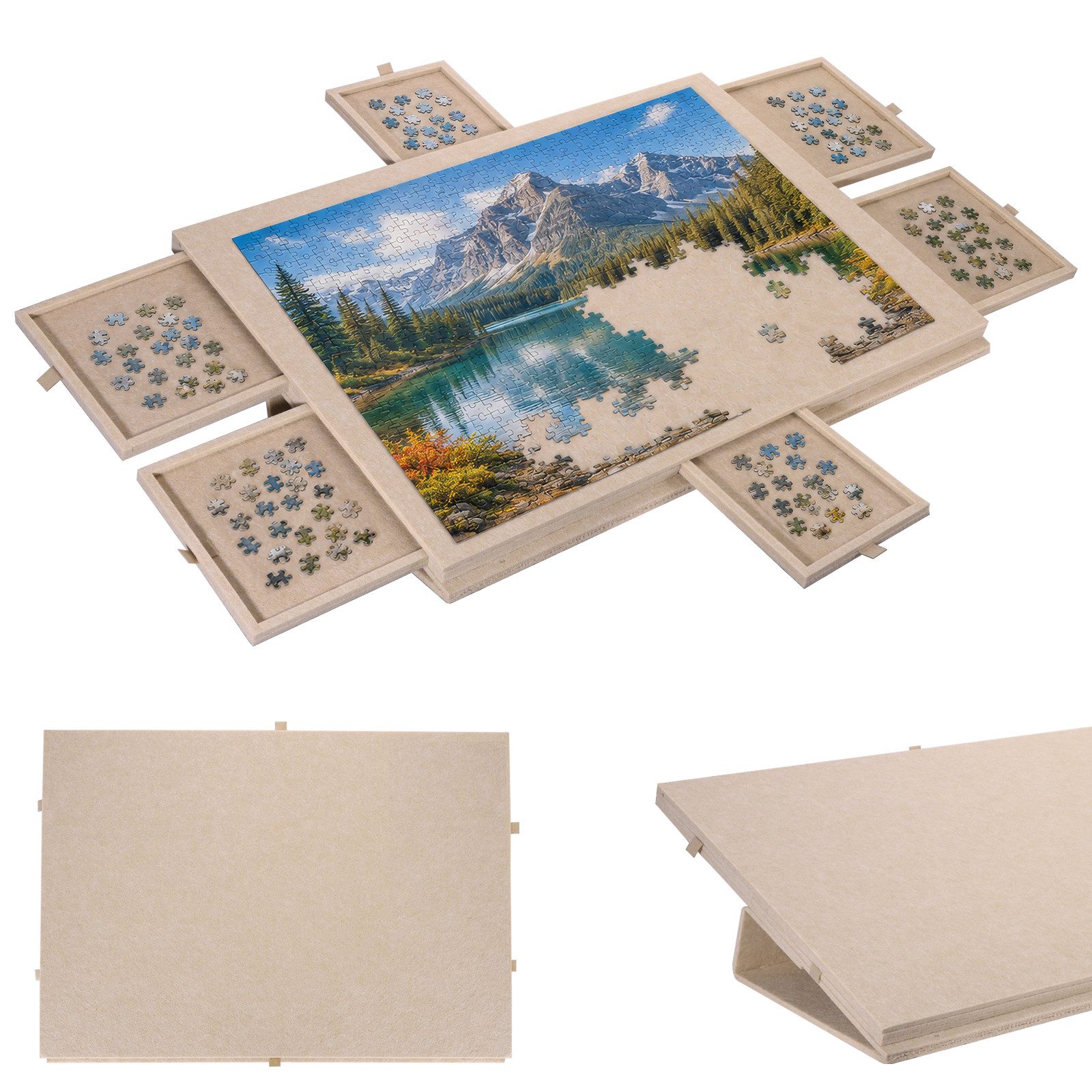 BlingBin Puzzleunterlage Filz Puzzlebrett 1000 Teile mit 6 Schubladen, klappbar, (2-in-1 Puzzlematte mit Ständer & Abdeckung, 1-tlg., 1tlg, 77 x 53,6 x 4,2 cm), Leicht & tragbar für Erwachsene & Kinder