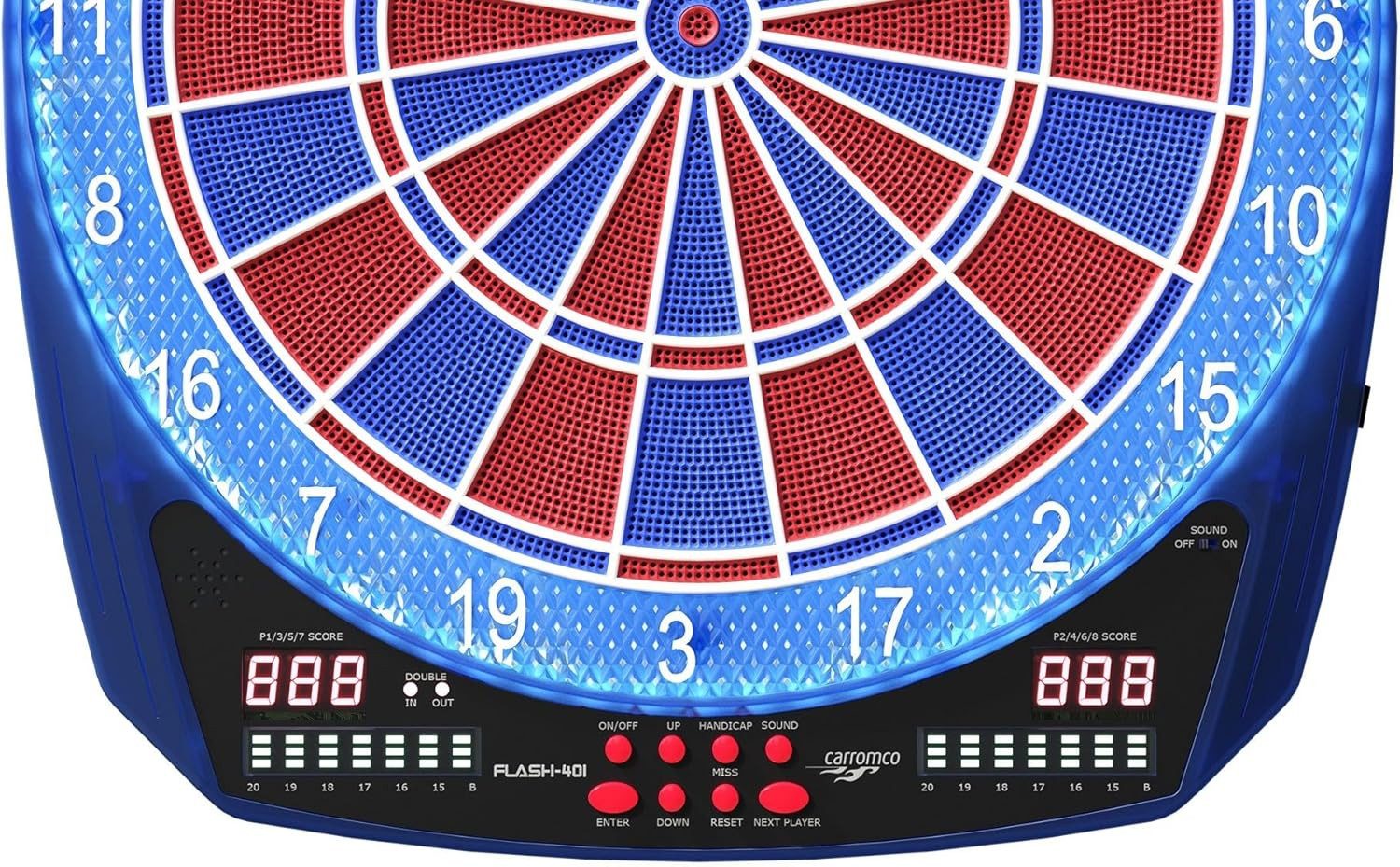 Carromco Zielscheibe elektronische Dartscheibe FLASH-401 – Profi E-Dartboard, mit 2-Loch Abstand & LED Beleuchtung, 35 Spiele, 584 Varianten