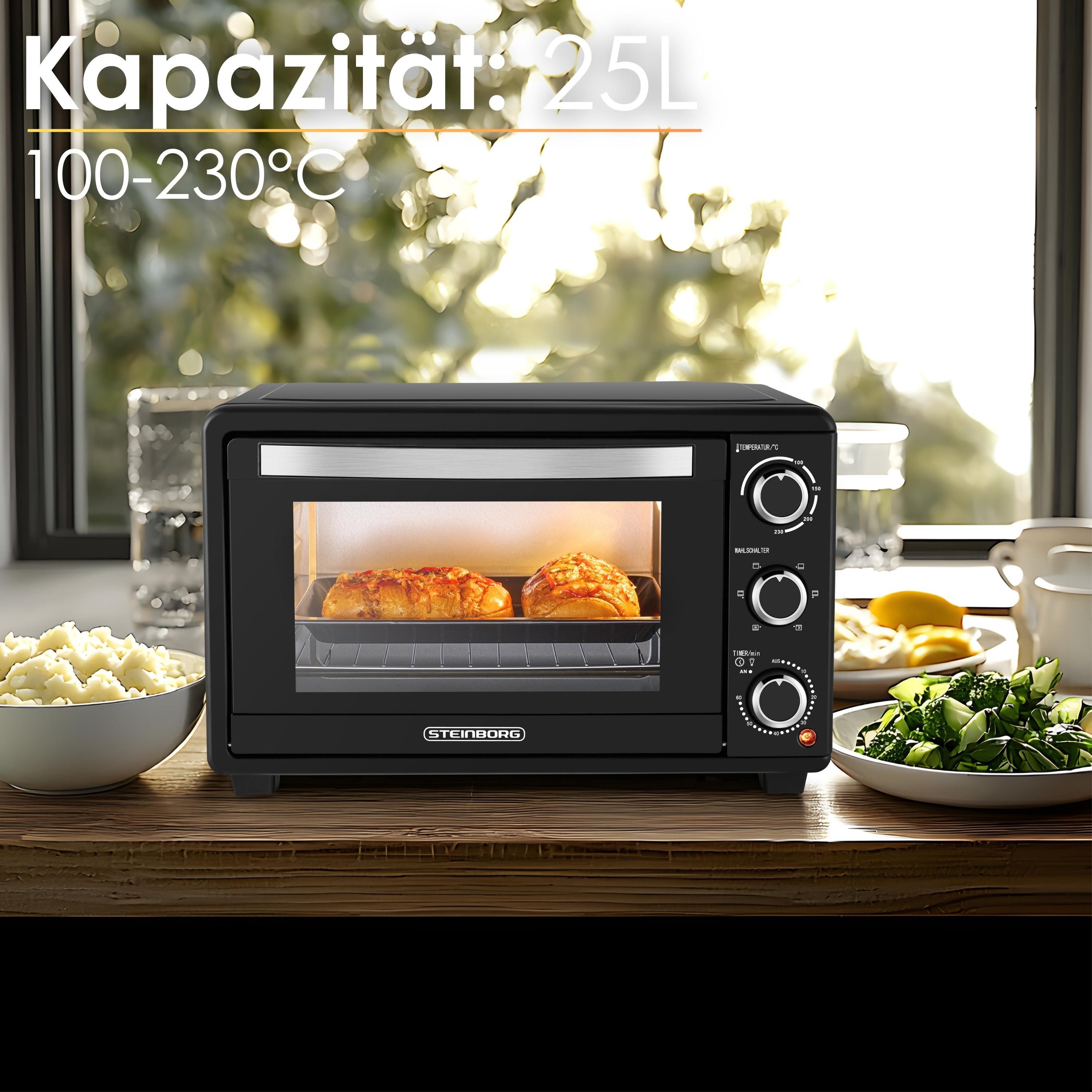 STEINBORG Minibackofen SB-3018, 25 Liter, Umluft, mit Krümelblech, 1500 Watt