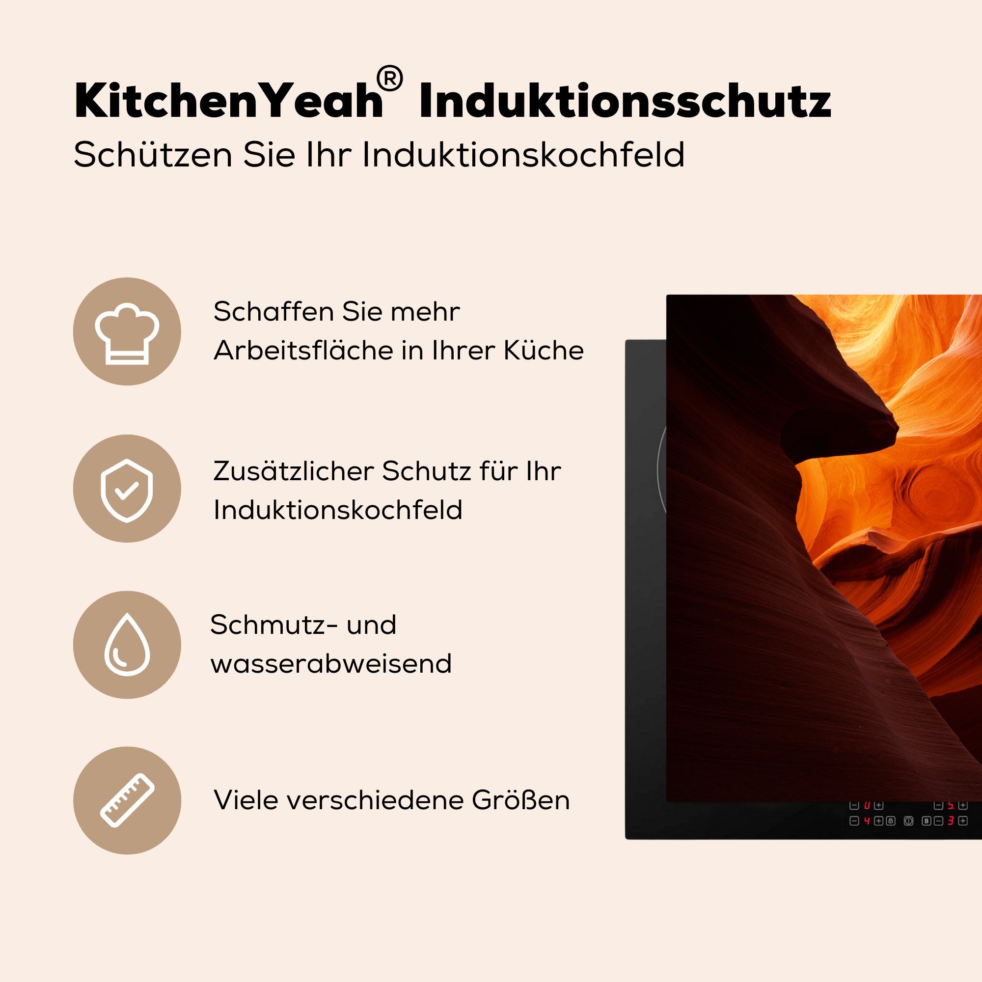 (1 nutzbar, Herdblende-/Abdeckplatte Arbeitsfläche Vinyl, tlg), 70x52 cm, Höhle, Orange Mobile MuchoWow Ceranfeldabdeckung