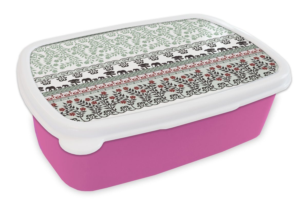 MuchoWow Lunchbox Pflanzen - Elefant - Muster, Kunststoff, (2-tlg), Brotbox für Erwachsene, Brotdose Kinder, Snackbox, Mädchen, Kunststoff rosa