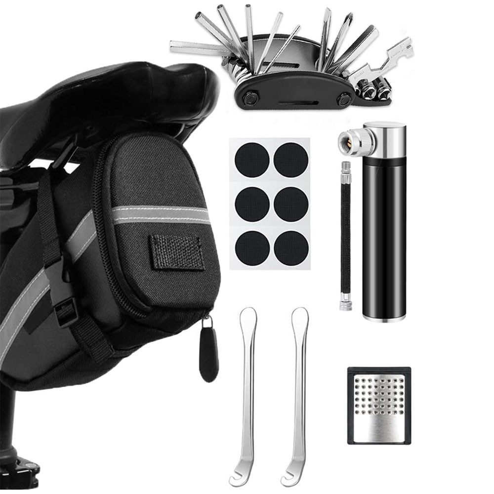 AFKSMILE Fahrrad-Reparaturset Fahrrad Reparaturset mit Satteltasche, 16-in-1 Fahrrad Multitool, 120 PSI Mini-Luftpumpe, Fahrrad Werkzeugset unterwegs