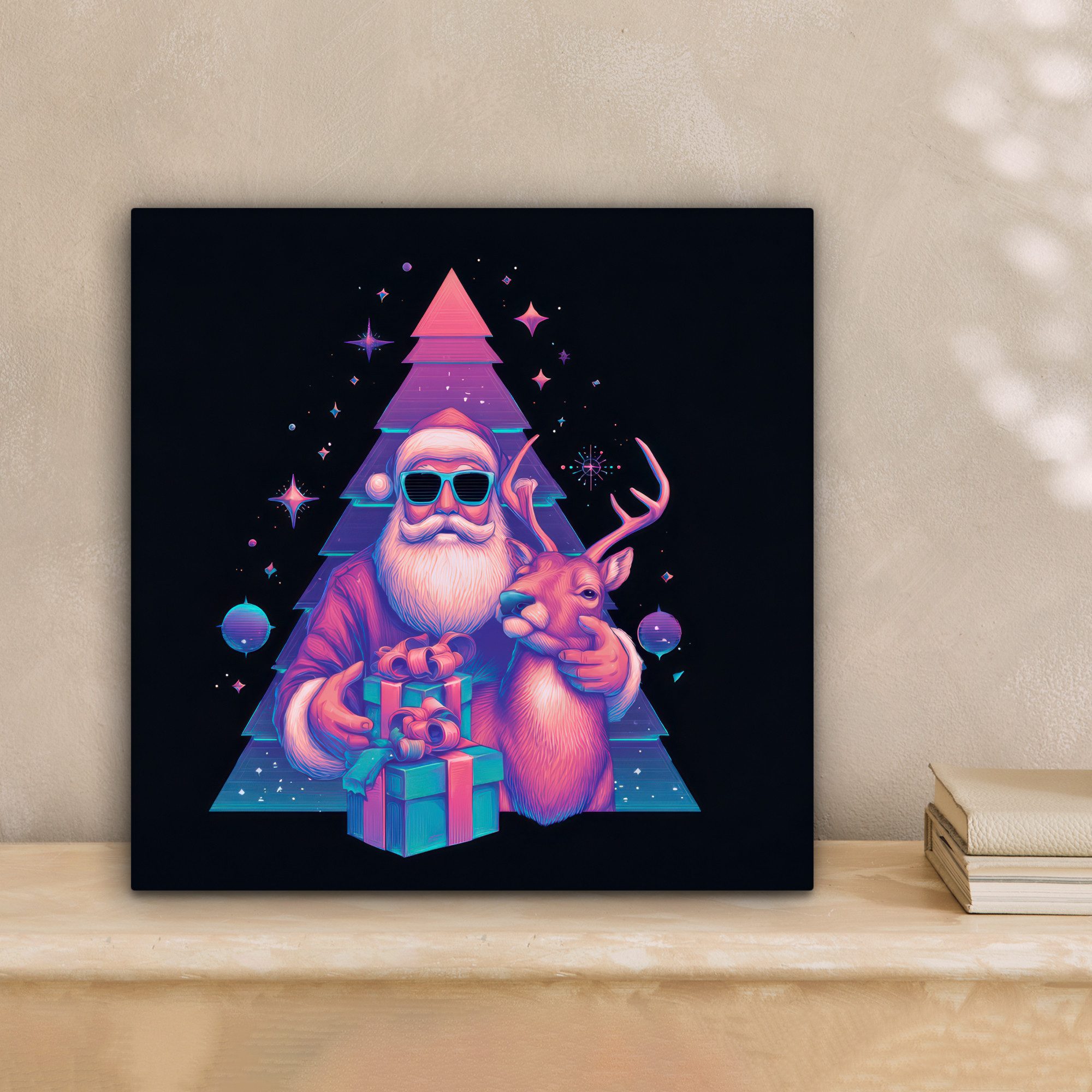 OneMillionCanvasses® Leinwandbild Retro - Weihnachtsmann - Rentier - Weihnachtsbaum, Fotodruck (1 St), Wandbild, Deko Schlafzimmer Wohnzimmer Flur 20x20 cm
