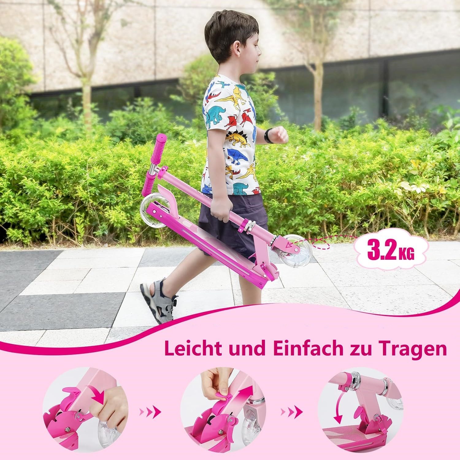 TONBUX Scooter Kinderroller mit coolen beleuchteten Stangen, Rädern und Pedal – Bild 4 von 5