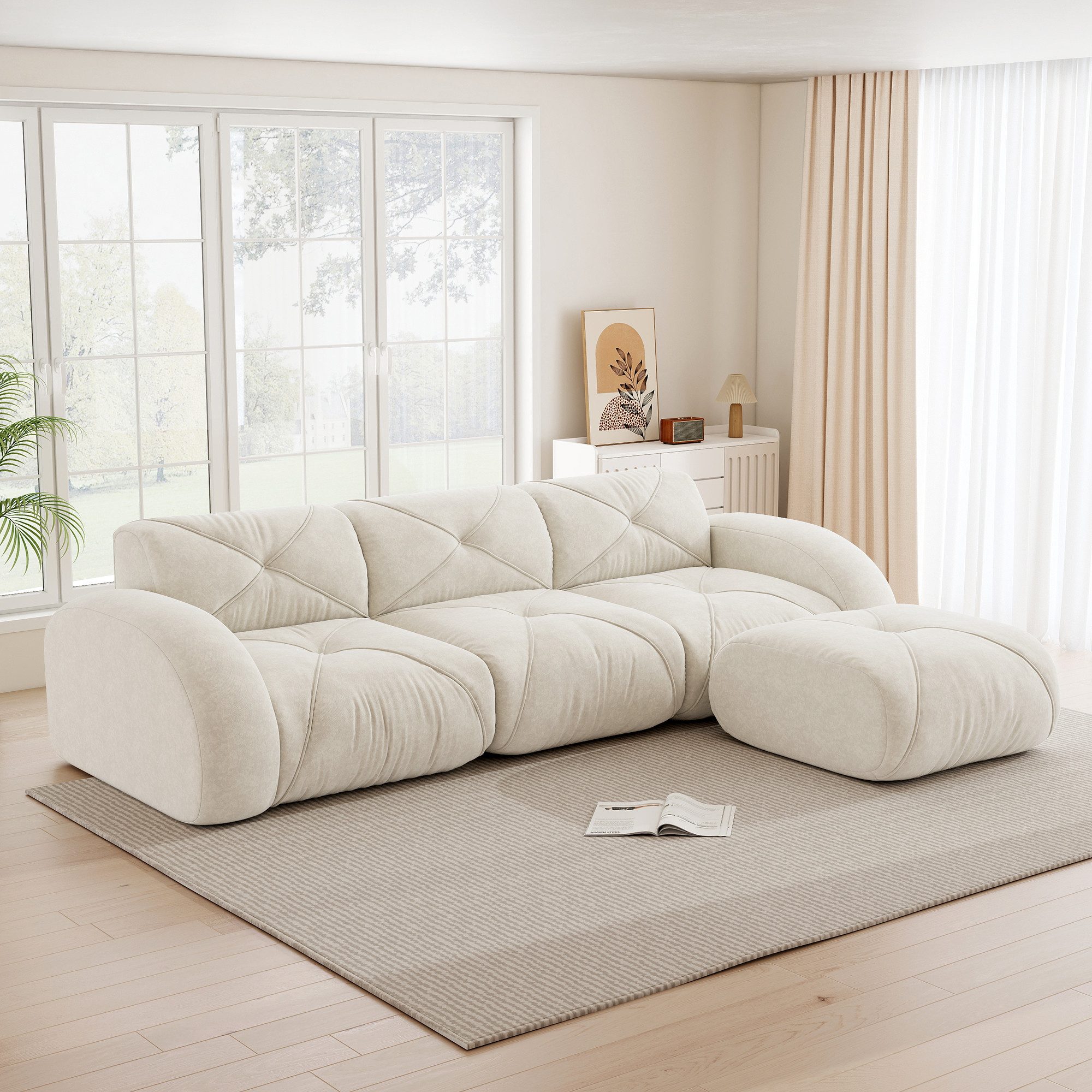 Leawin Sofa Sofas Wohnzimmer, Sofa mit Schlaffunktion in L-Form aus Chenille, Modulares 3-Sitzer Sofa mit Fußstütze, rutschfest und montagefrei