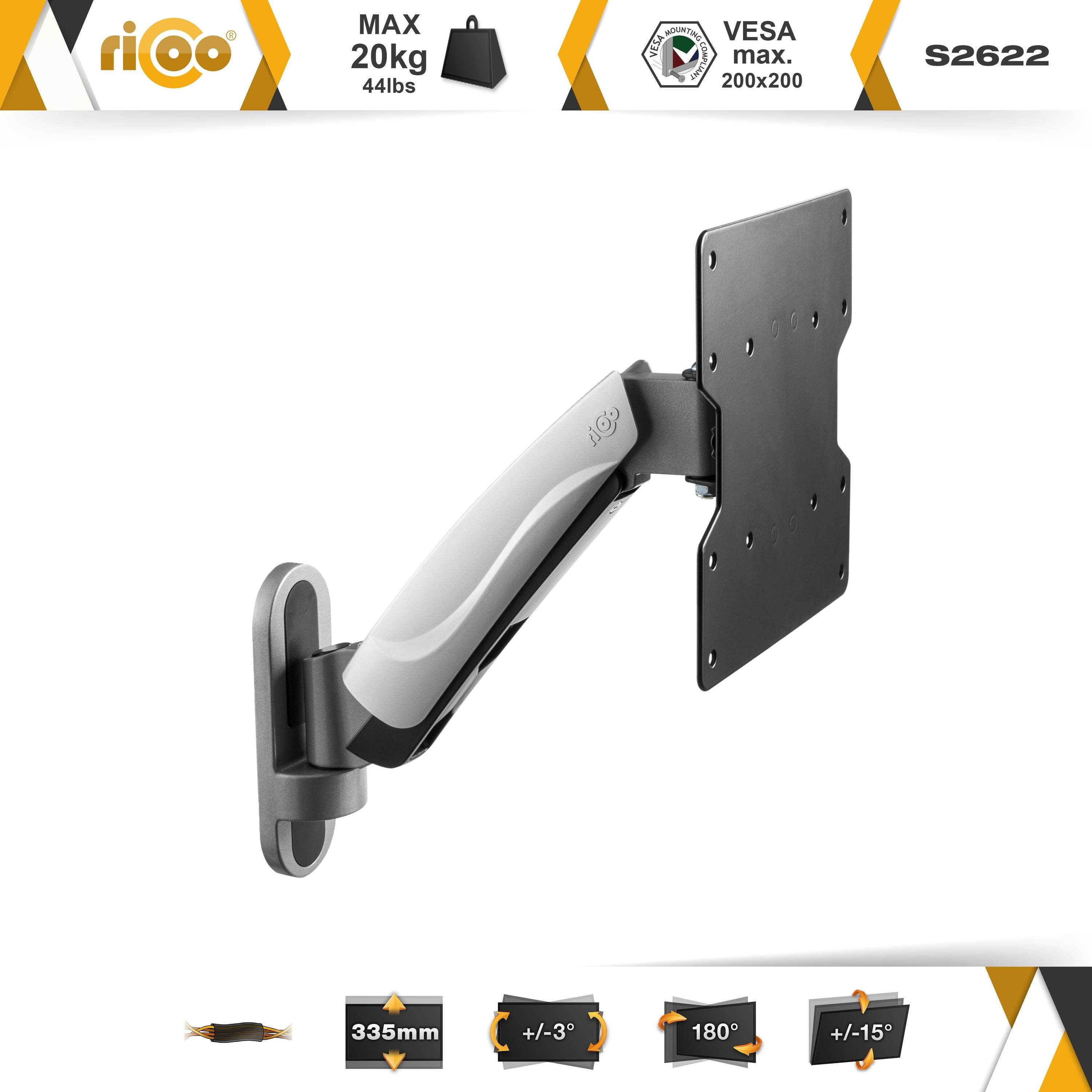 RICOO TV-Wandhalterung Gasfeder Monitor Wandhalterung mit Schwenk- und Neigefunktion S2622, (bis 50 Zoll, VESA bis 200x200, 1-tlg., 20 Kg Aufnahme, 27" bis 50" (69-127 cm) Höhenverstellung per Gasfeder, bis 30° Neigung, bis 180° Schwenkung, ausziehbar Monitor Wand Halter)