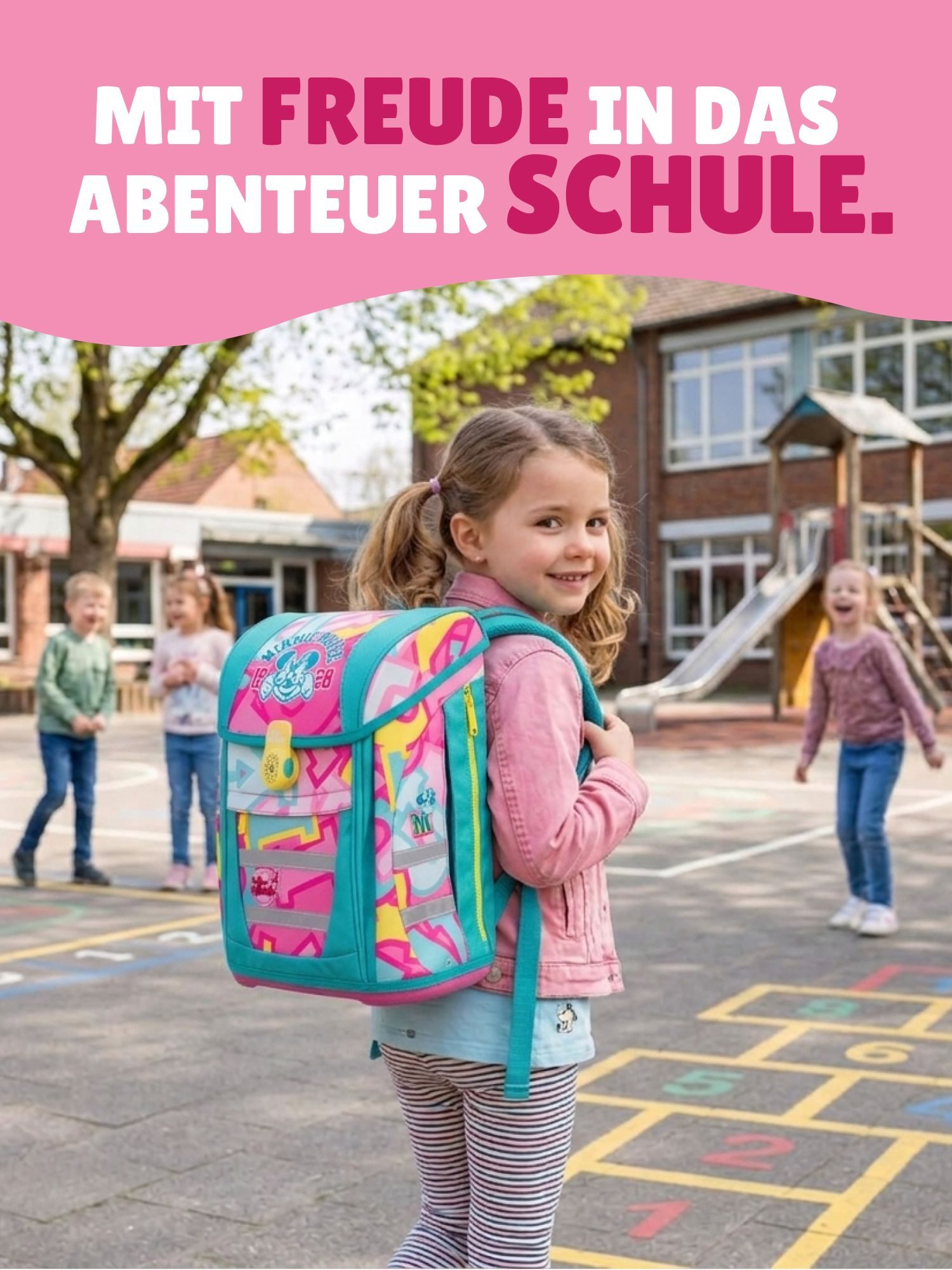 McNeill Schulranzen Schulranzen Disney Minnie Mouse Schultasche für Mädchen 1. Klasse (Set, 6-tlg., inkl. Federmäppchen (gefüllt) & Geldbeutel), mit Brustgurt, 980 Gramm leicht, 18L Volumen