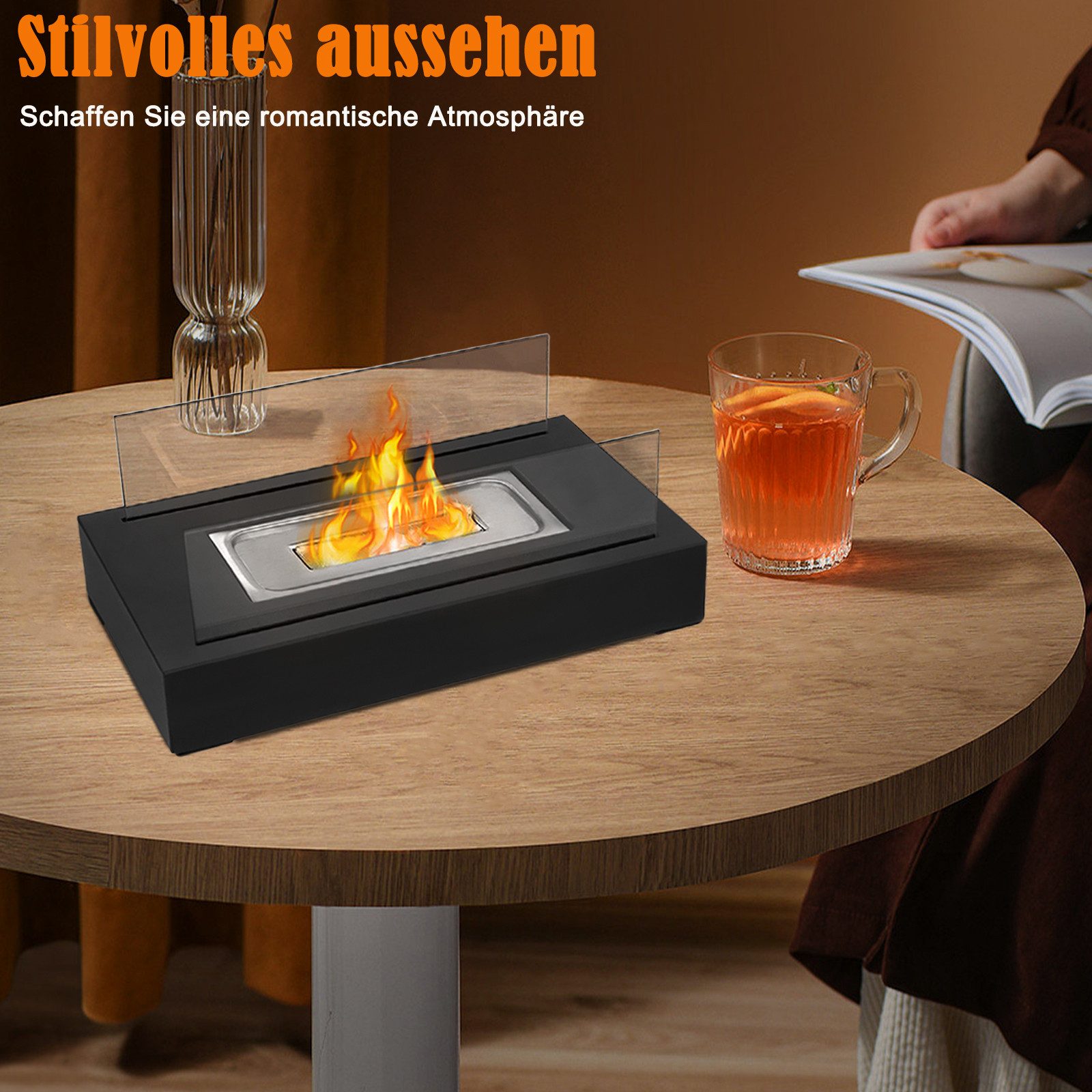 FIVMEN Tischfeuer Ethanol Tischkamin Indoor Outdoor Eckig/Rund Kamin Tischfeuerstelle (inkl Natursteinen, Unendliche Brenndauer, Balkon Deko Garten) – Bild 4 von 5