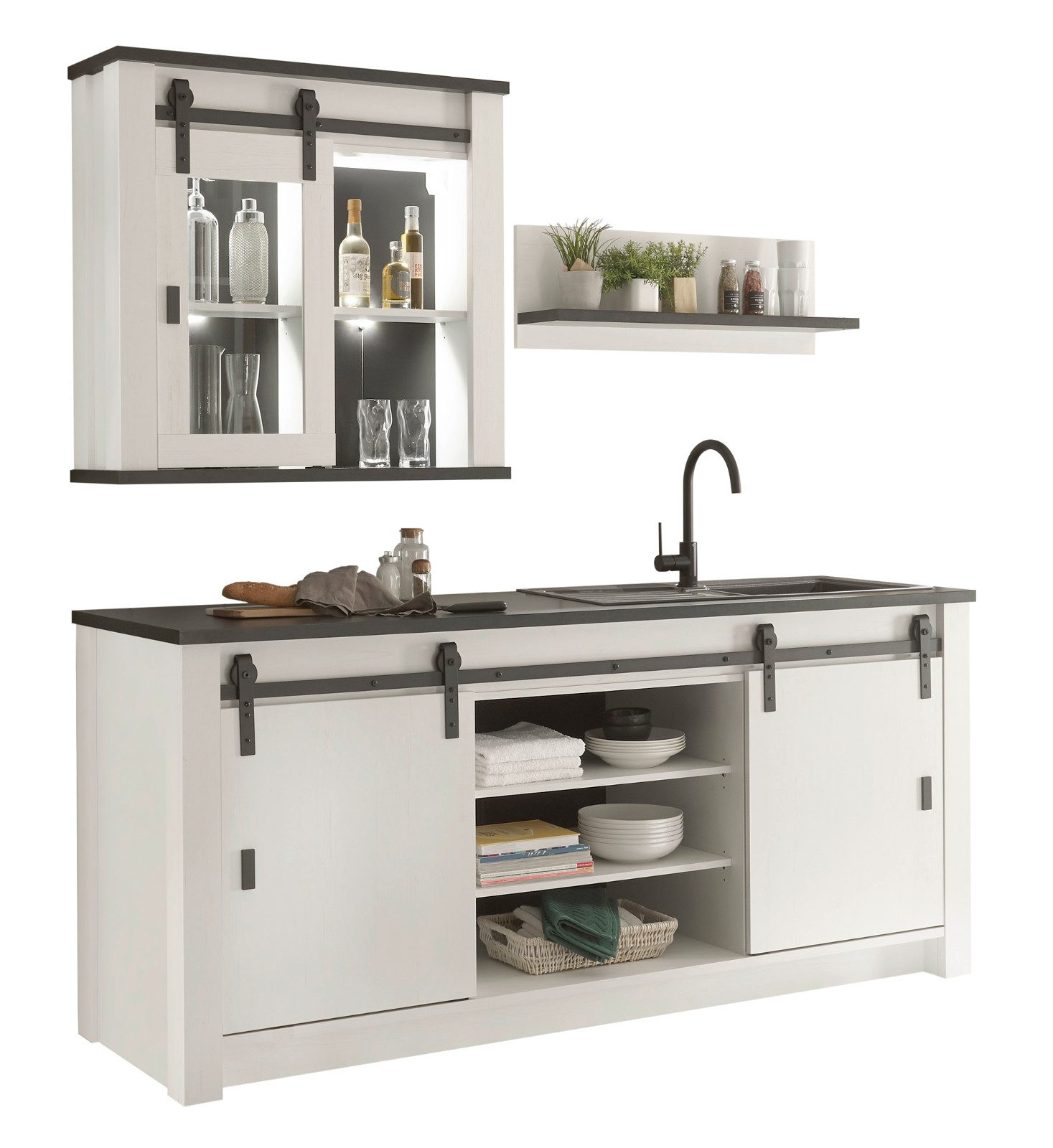 Furn.Design Küchenbuffet Stove (Küchenzeile weiß Pinie Landhaus, 3-St., Set Breite 200 cm) mit Schwebetüren