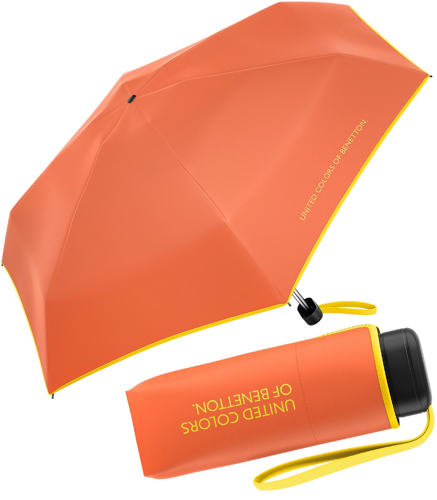 United Colors of Benetton Taschenregenschirm Ultra Mini Flat HW 2024 - dragon fire, leuchtende Modefarben mit kontrastreichem Saum