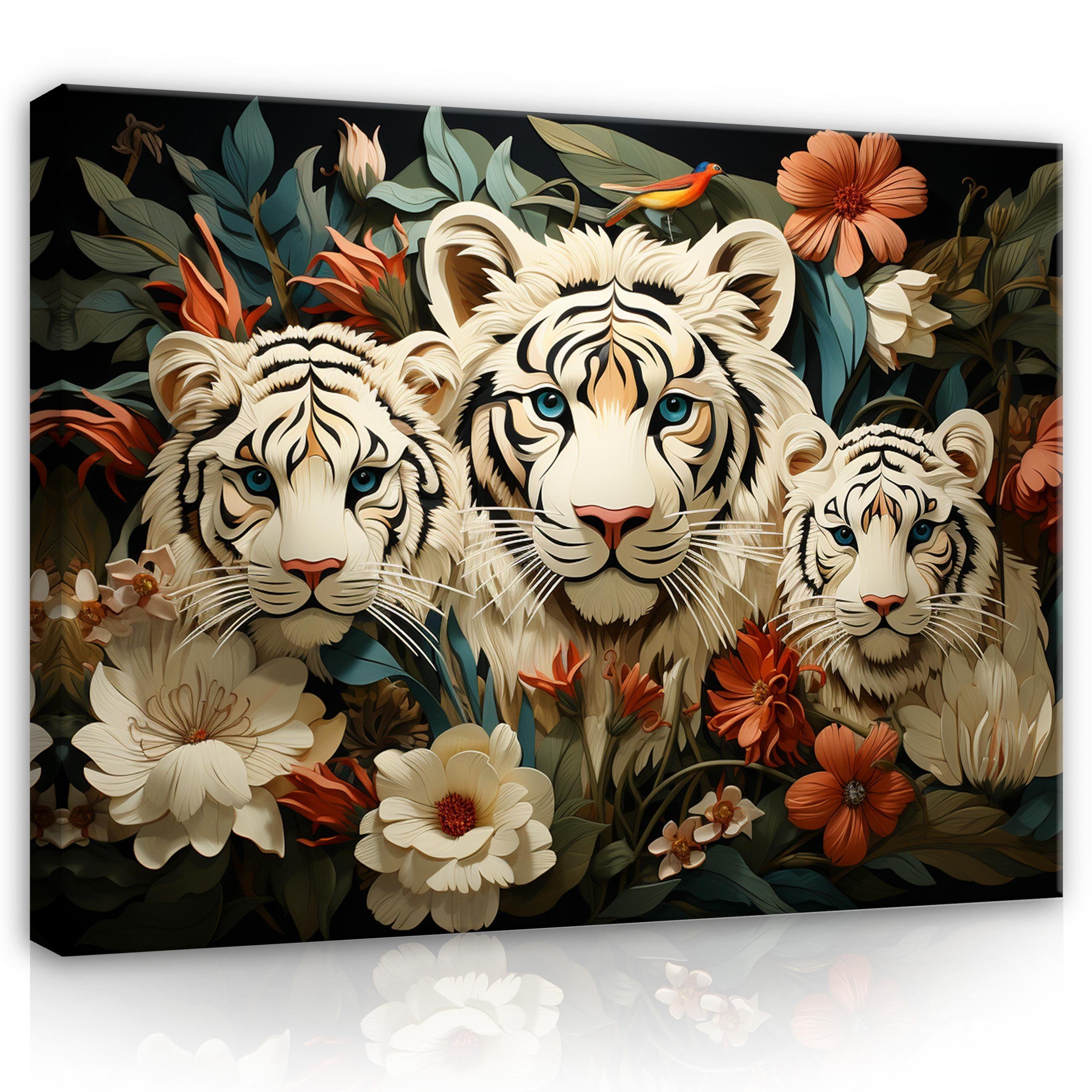 Wallarena Leinwandbild Löwen Tiere Blumen Wandbild XXL Leinwandbilder Modern, Tigre (Einteilig, 1 St), Leinwandbild Leinwand Bilder Bild Groß Aufhängefertig