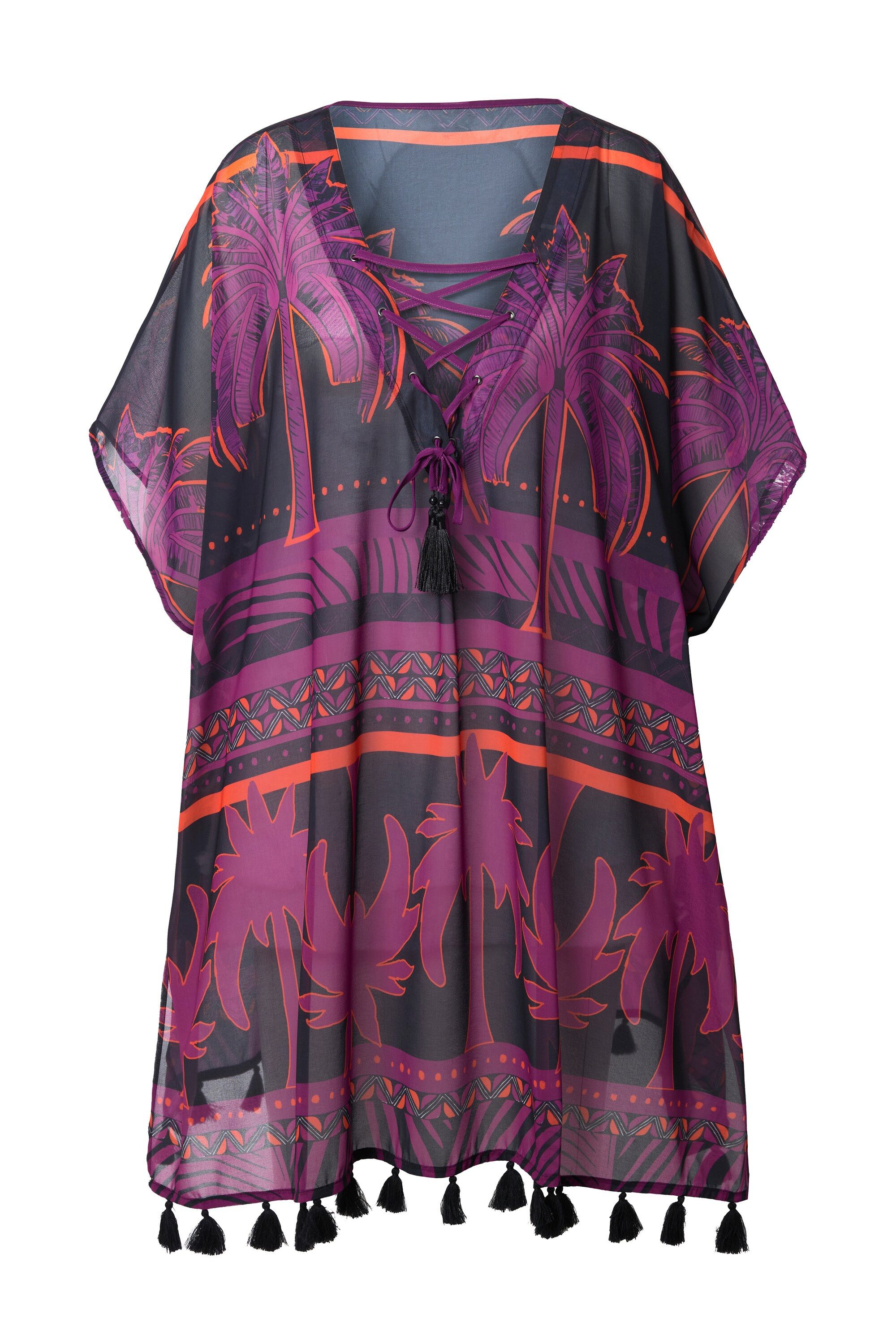 Ulla Popken Jerseykleid Tunika Palmen Oversized Schnürung Halbarm günstig online kaufen