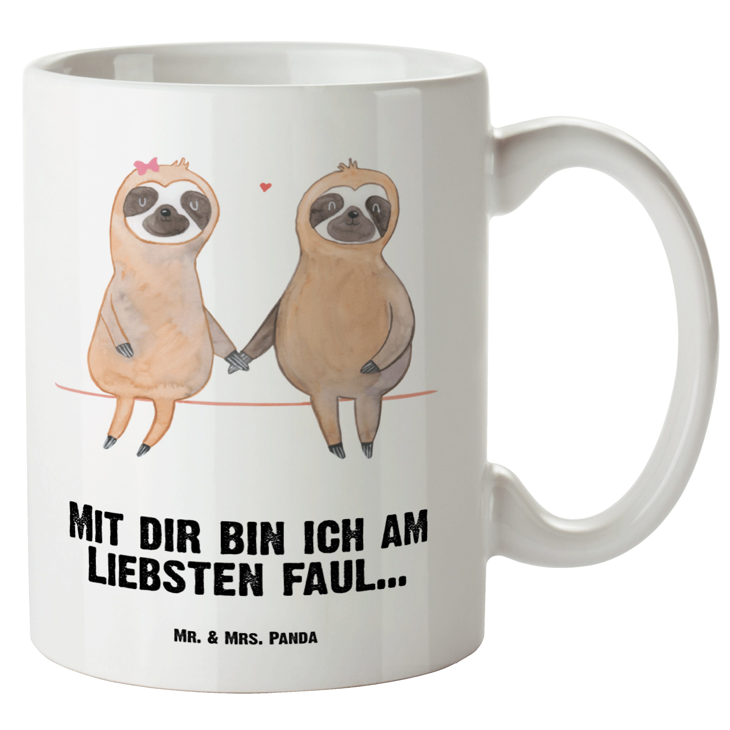 Mr. & verliebt, Tasse Mrs. Große - Pärchen Weiß - Faultier Tasse, Geschenk, Panda Faultiere, Keramik Tasse XL