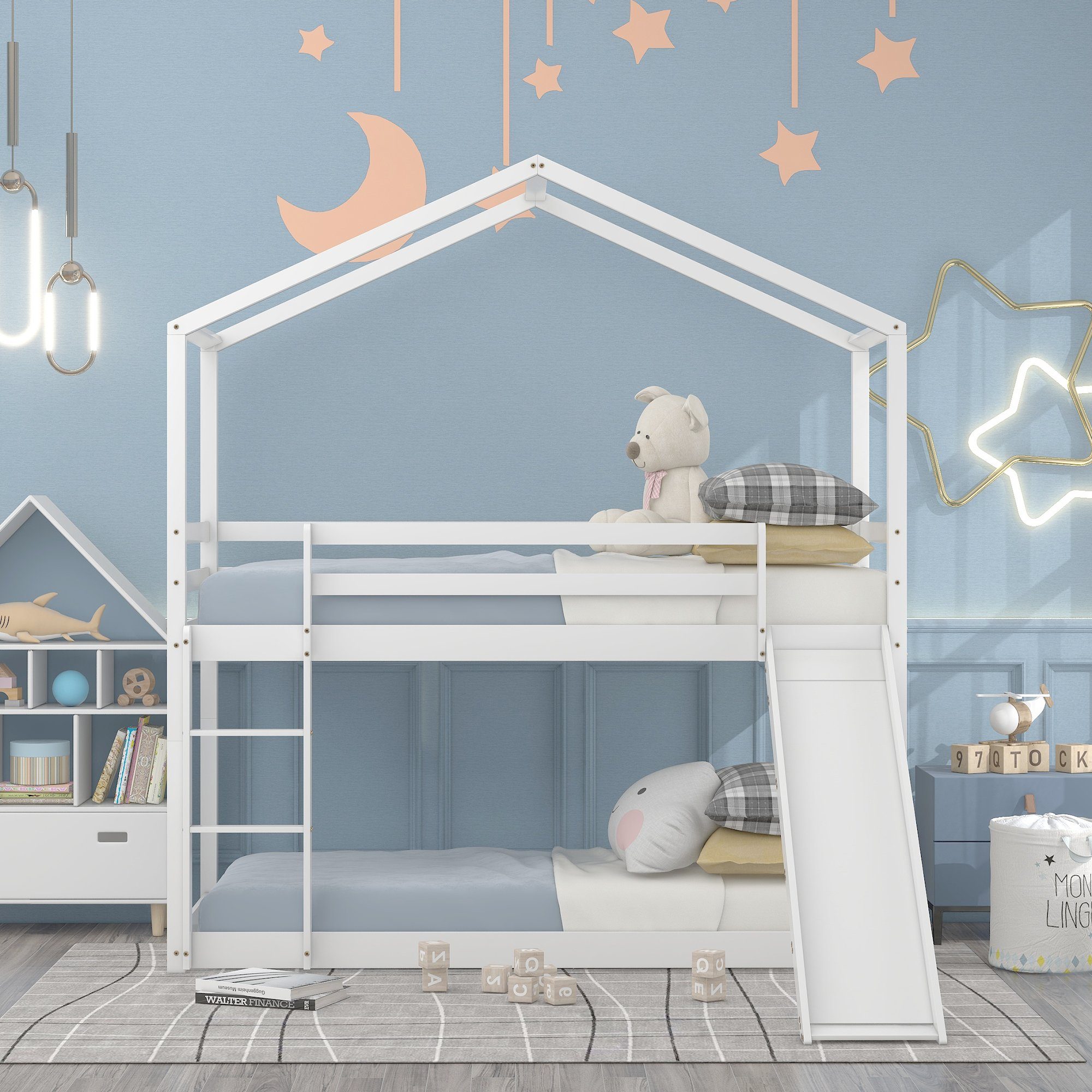 BlingBin Etagenbett Kinderbett Hausbett (1-St., Massivholz-Etagenbettrahmen mit Lattenrost, 90×200CM), mit Rutsche, Kann in ein Einzelbett umgewandelt werden weiß