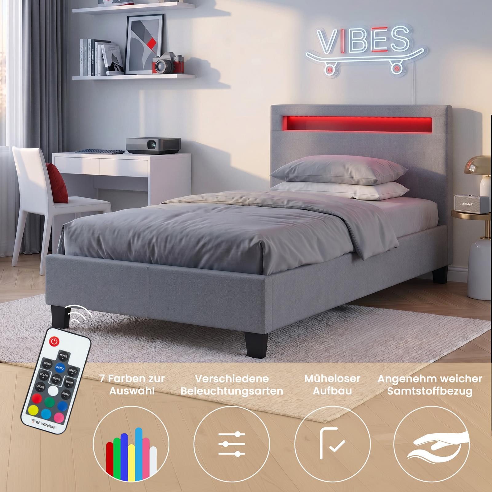 CARO-Möbel Polsterbett HIMALAYA, Polsterbett Einzelbett Jugendbett Bettgestell mit LED 90 x 200 cm