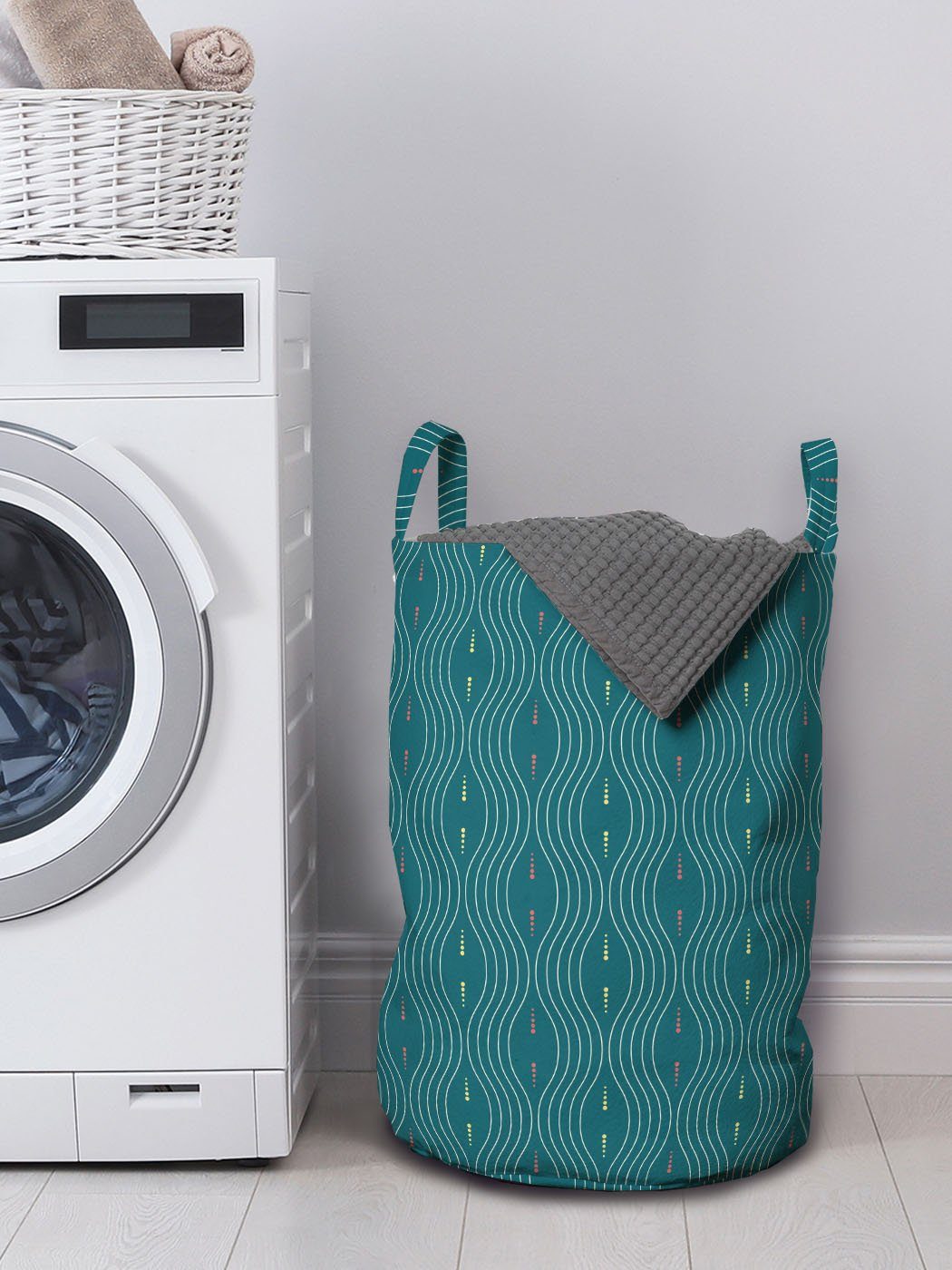 Abakuhaus Wäschekorb Griffen für gewellte Waschsalons, Wäschesäckchen Moderne Punkte Abstrakt Kordelzugverschluss und mit Linien