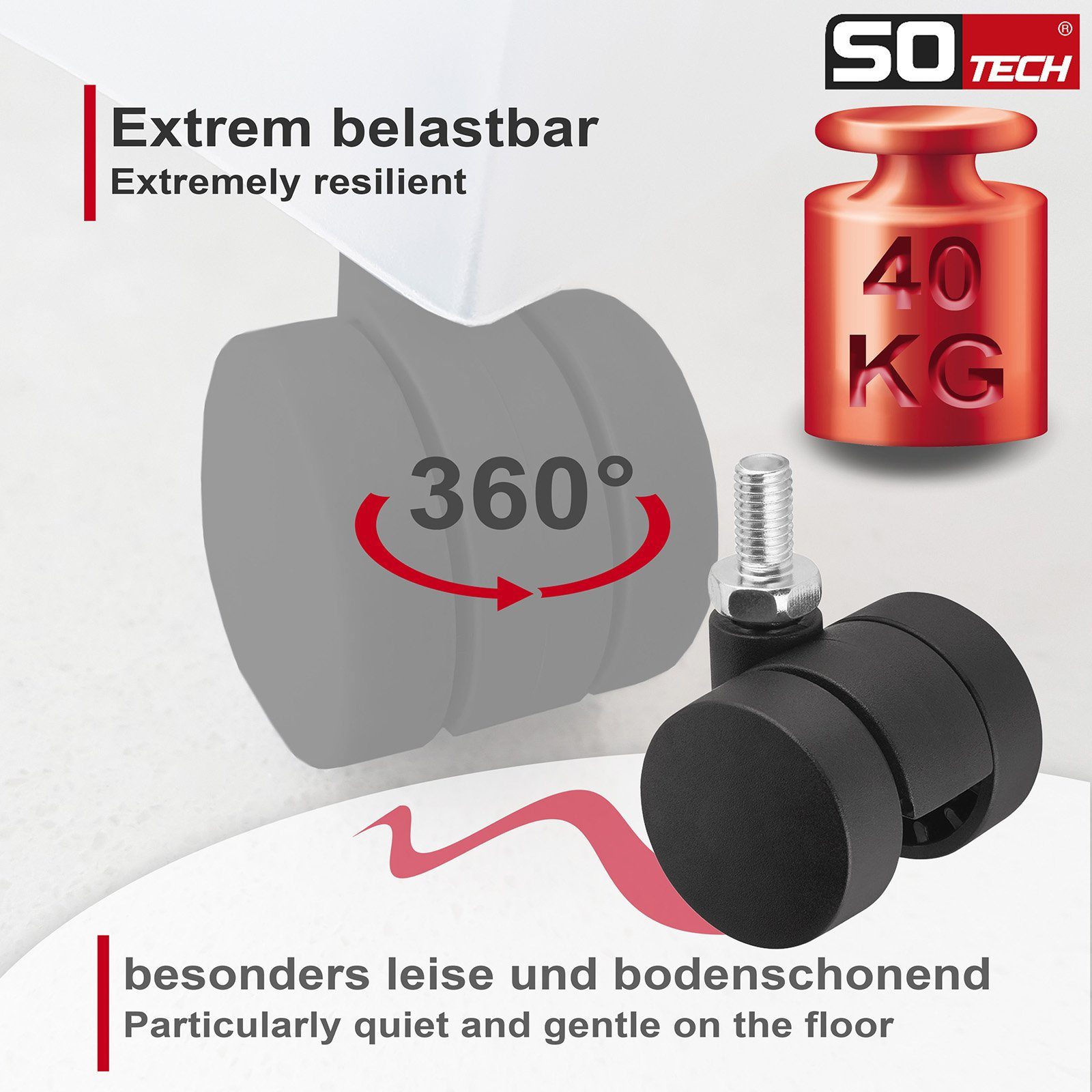 SO-TECH® Doppelrolle AACHEN Ø 35 mm Tragkraft pro Möbelrolle 40 kg, mit M8 Gewindestift – Bild 3 von 5