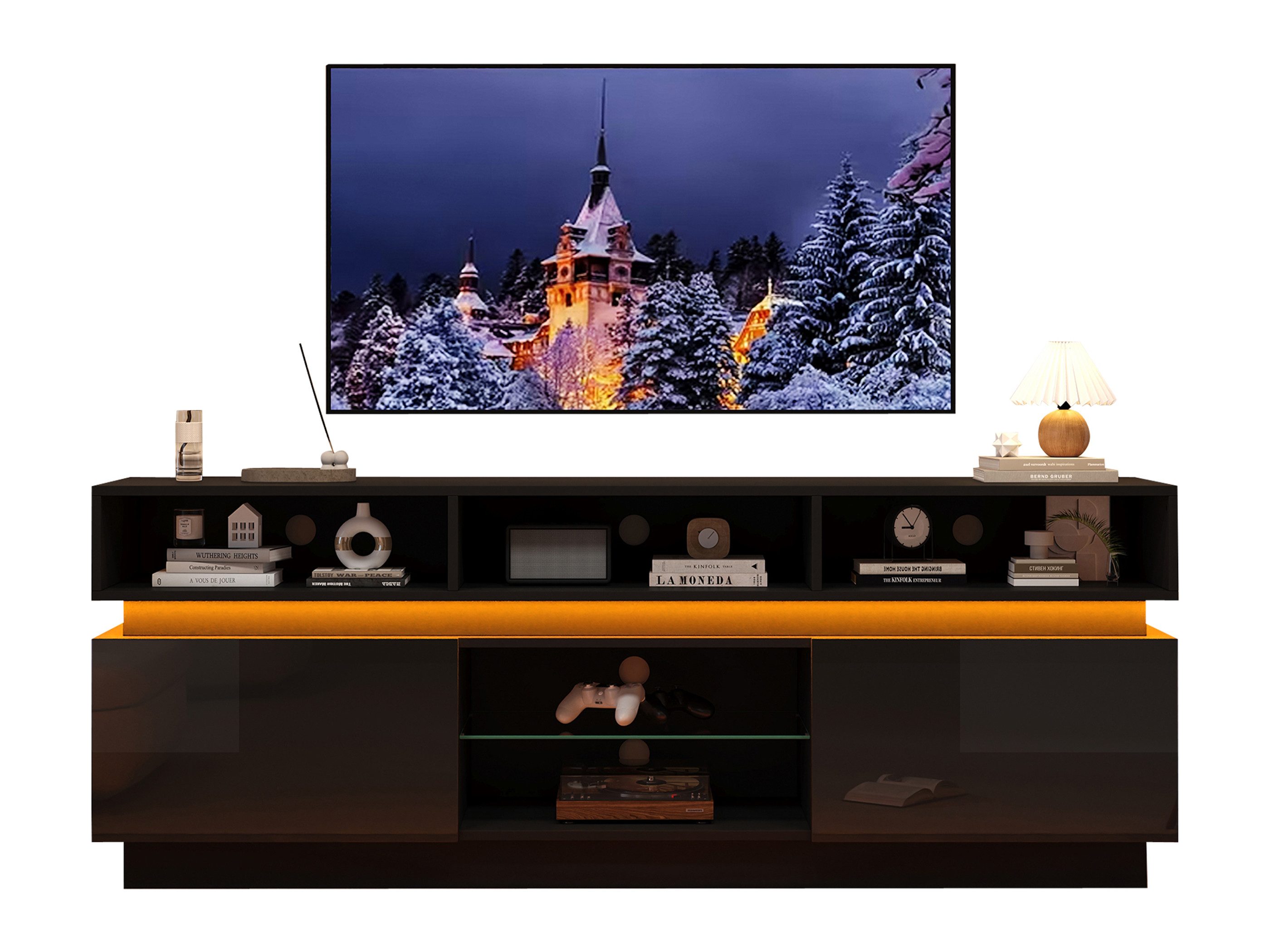 SeedWave Lowboard Moderner TV-Schrank 160cm mit Hochglanz-Fronten, LED-Beleuchtung, Fernsehschrank mit Stauraum, offene Fächer inkl. Glas-Einlegeböden