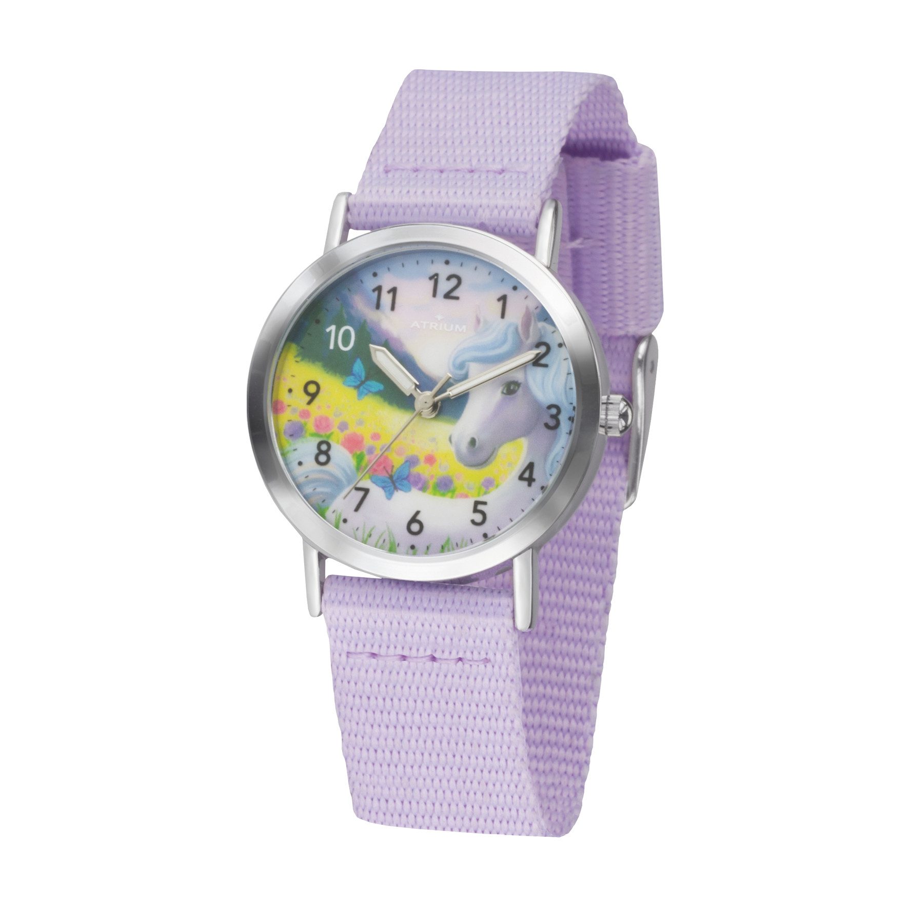 Atrium Quarzuhr A44-18 Siabelle Kinder Armbanduhr Pferd Einhorn flieder, analog deutlich Uhrzeit lernen Geschenkidee Einschulung Ø 30mm