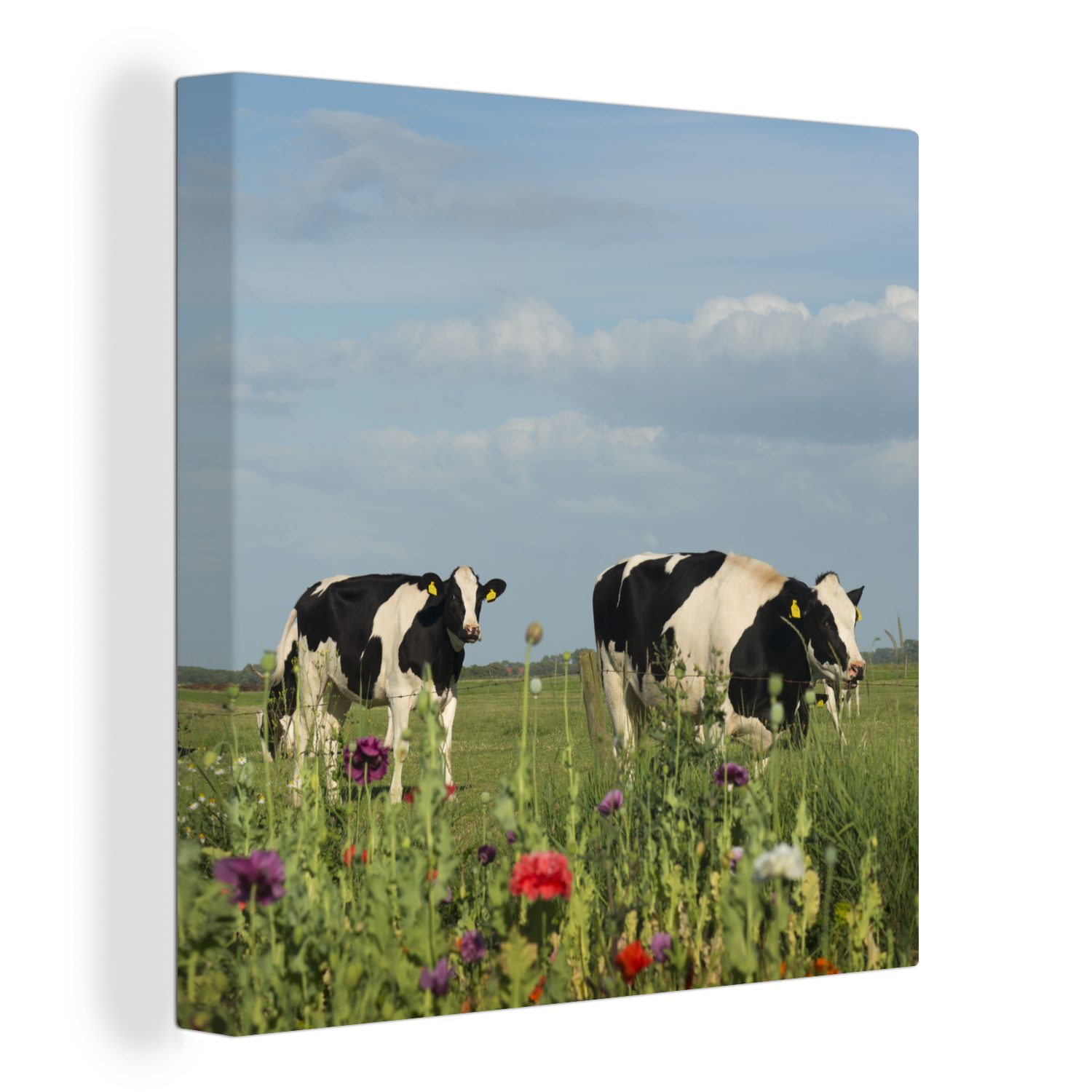 OneMillionCanvasses® Leinwandbild Kuh - Blumen - Gras - Tiere, (1 St), Leinwand Bilder für Wohnzimmer Schlafzimmer bunt